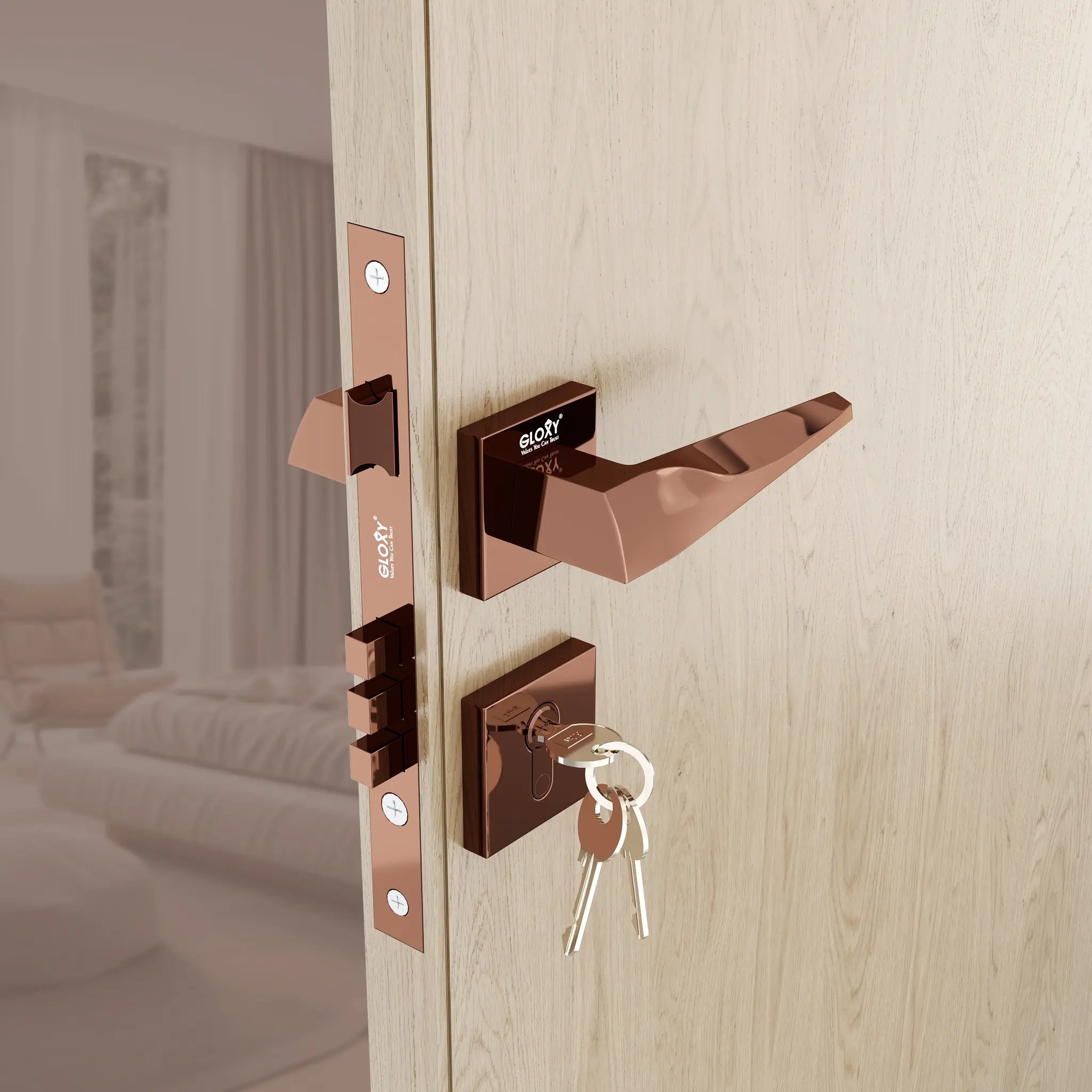Gloxy Oxlar Series Rose Gold Finish Mortise Main Door key Lock With Handle