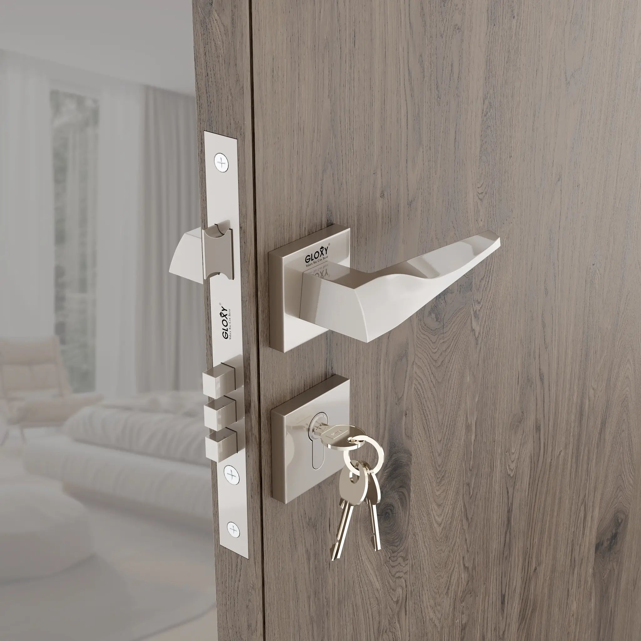 Gloxy Oxlar Series Satin Chrome Finish Mortise Main Door key Lock With Handle
