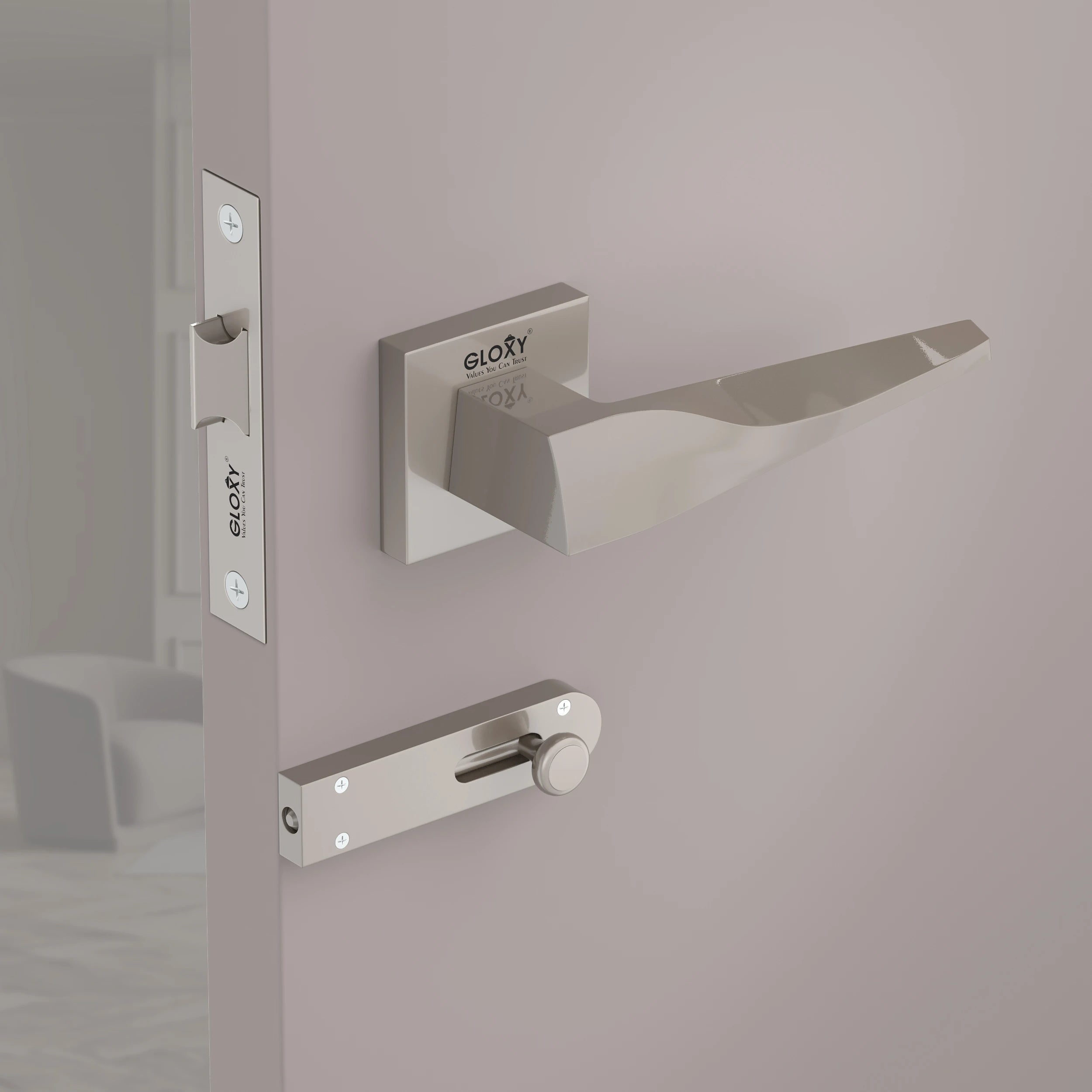 Gloxy Oxlar Series Satin Chrome Finish Mortise Bathroom Door Latch Lock With Handle