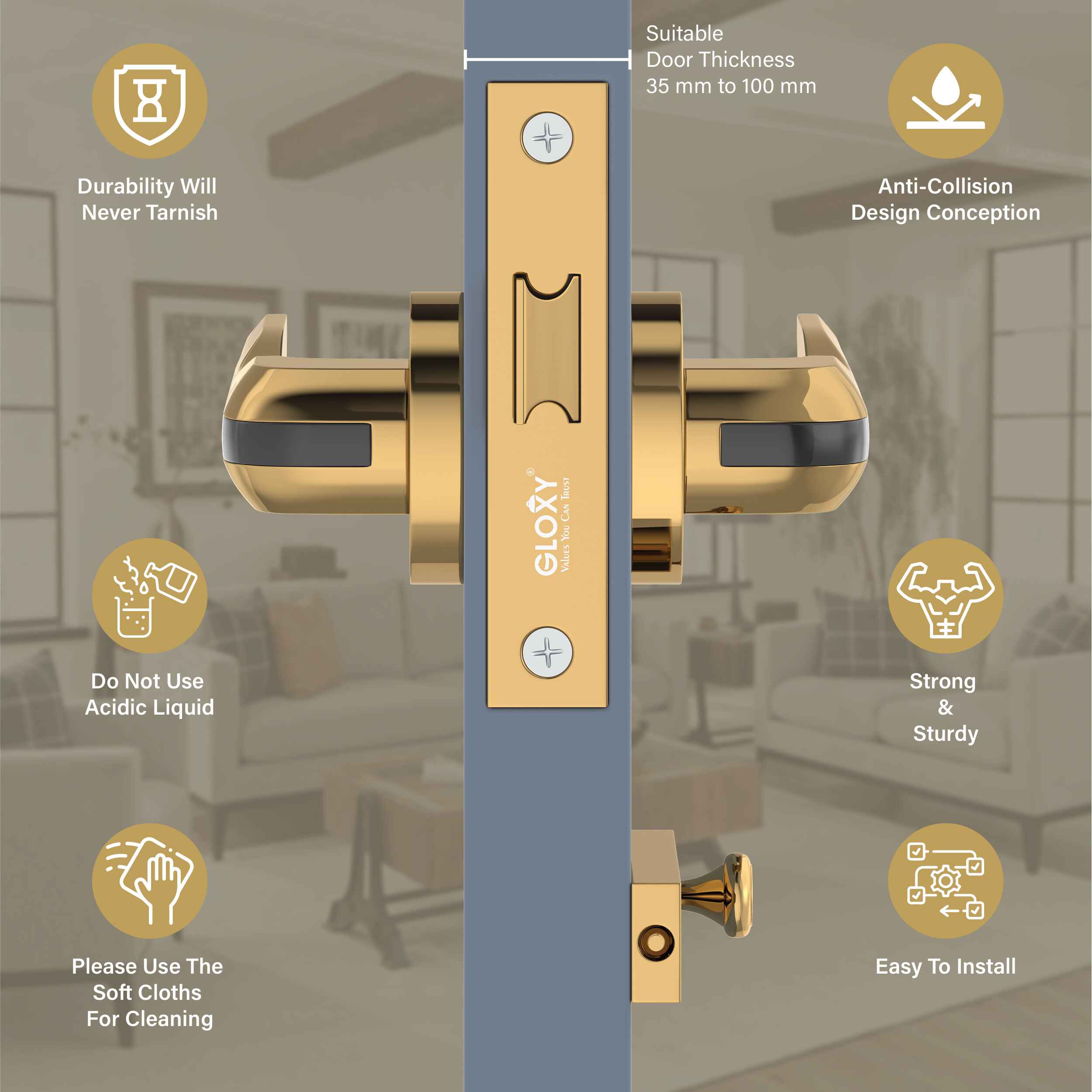 GLOXY Brass Door Lock for Balcony Store Room Door Lock, Mortise Keyless Handle Set with Brass Baby Latch for Home,Office,Hotel | Gold & Black Finish (2 Years Warranty, Pack of 1)