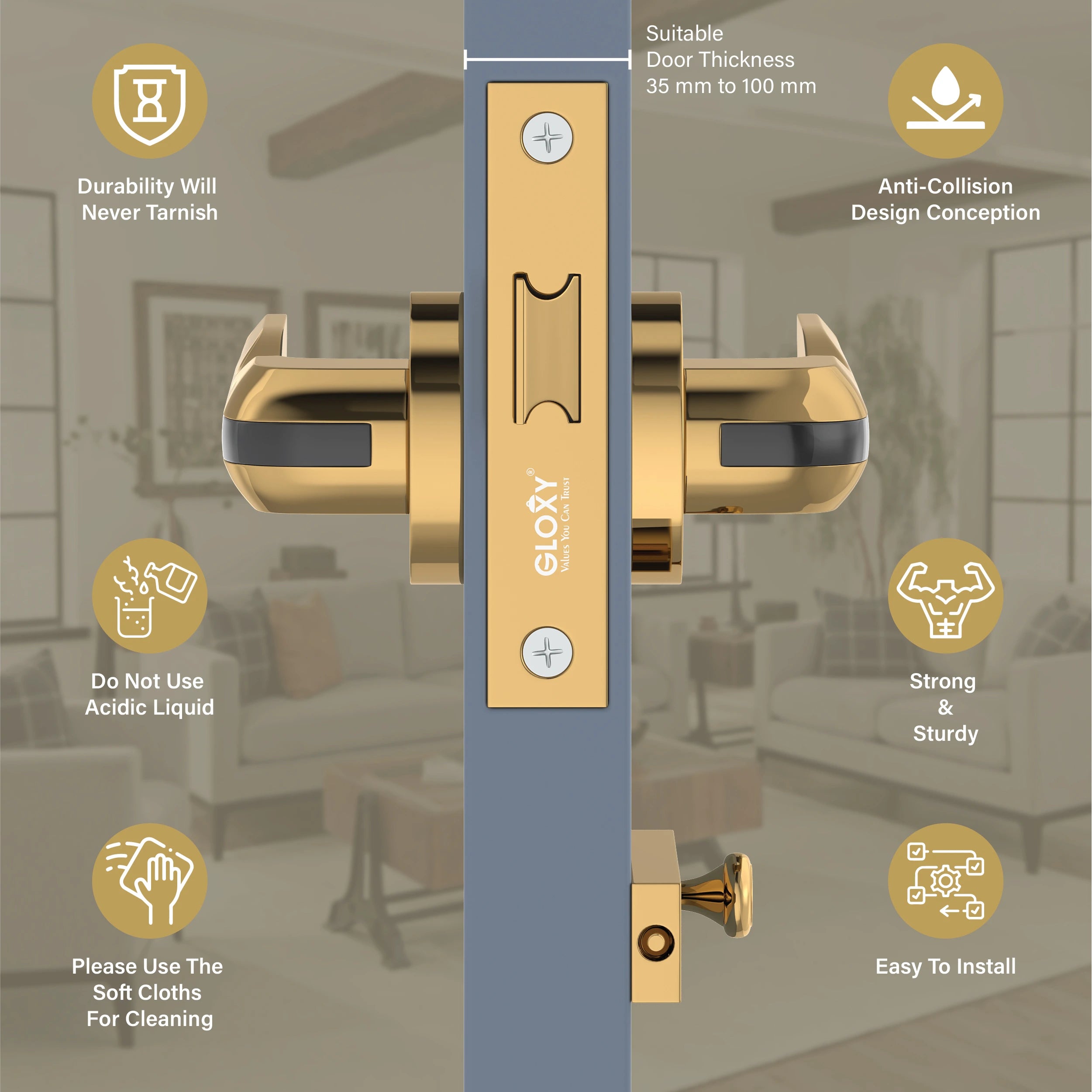 Gloxy Cavin Series Gold Finish Mortise Bathroom Door Latch Lock With Handle