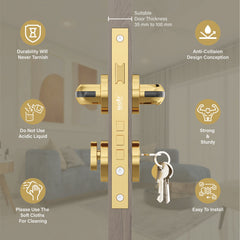 Mortise Door Handles Main Door Lock Handles Set with 3 Keys for Safety of Home | Bedroom, Office, Hotel, Home(Gold)-by GLOXY®