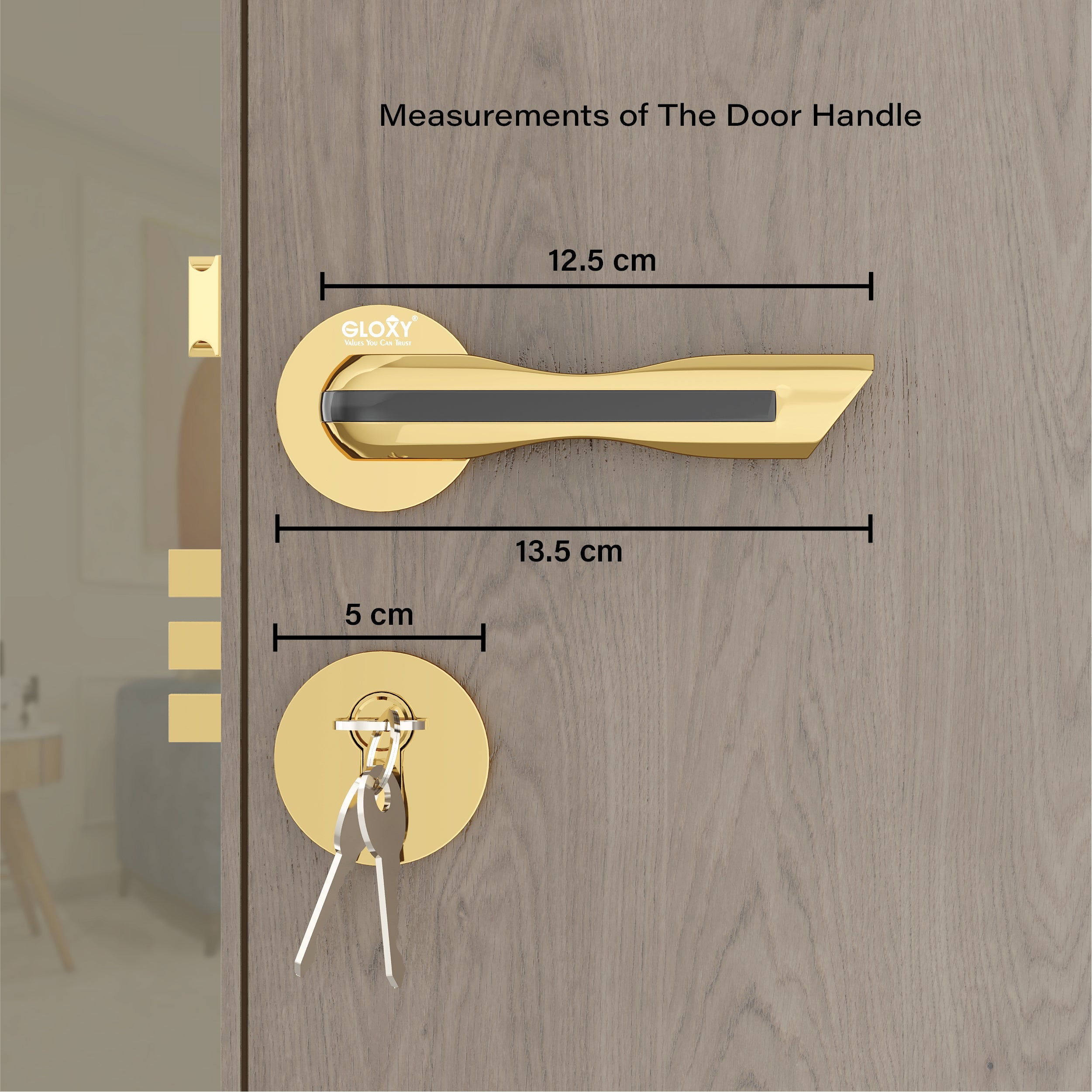 Mortise Door Handles Main Door Lock Handles Set with 3 Keys for Safety of Home | Bedroom, Office, Hotel, Home(Gold)-by GLOXY®