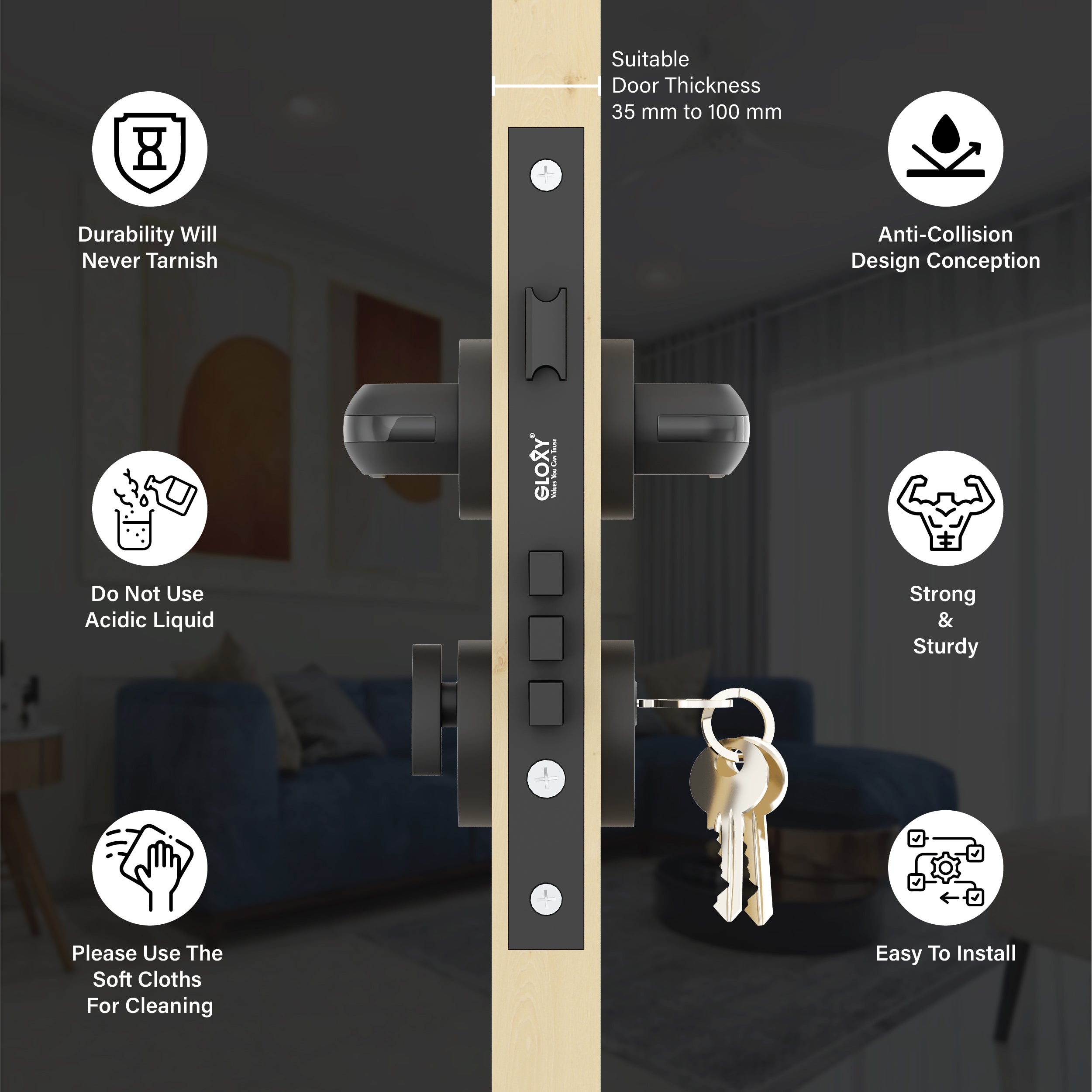 Mortise Door Handles Main Door Lock Handles Set with 3 Keys for Safety of Home | Bedroom, Office, Hotel, Home(Black)-by GLOXY®