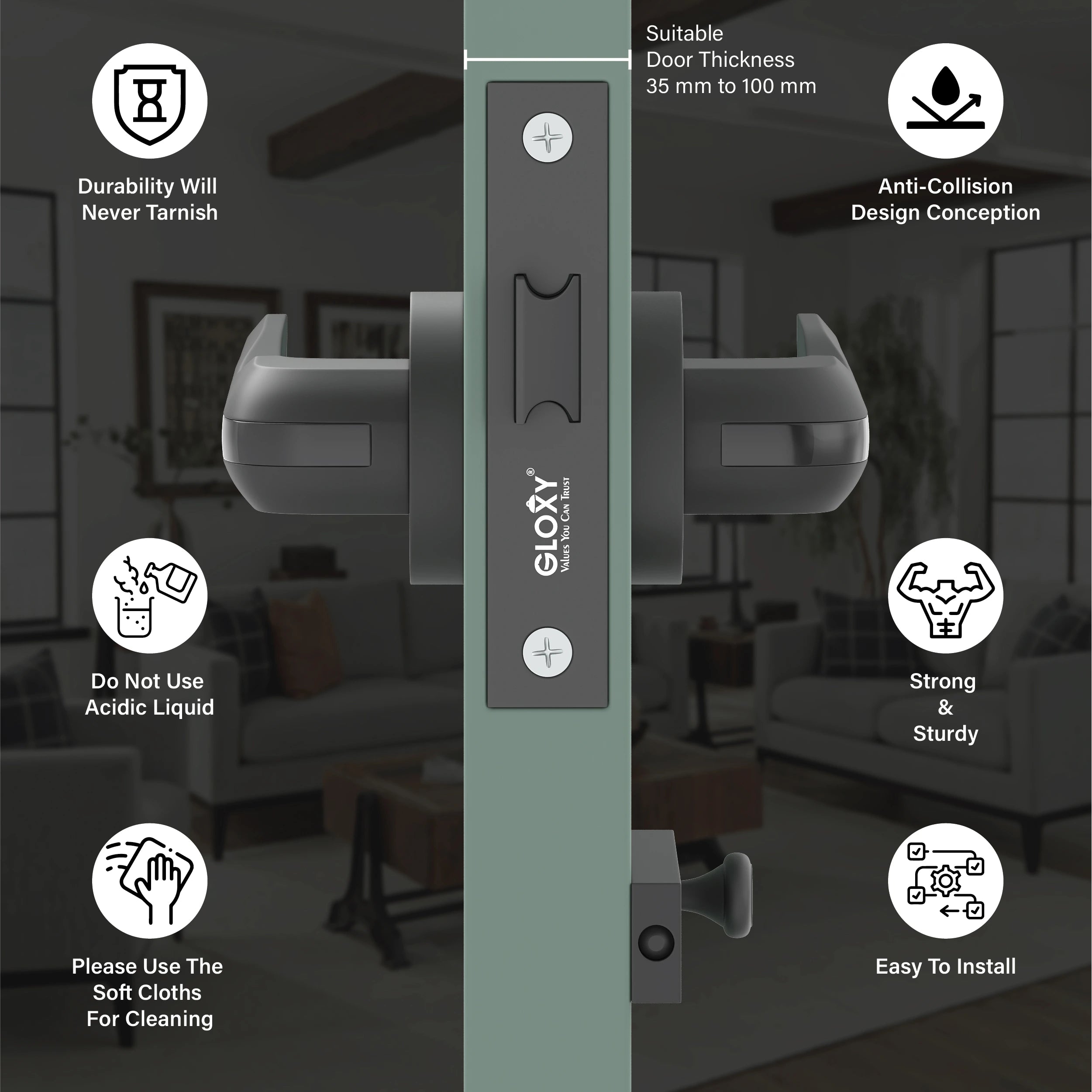 Gloxy Cavin Series Black Finish Mortise Bathroom Door Latch Lock With Handle