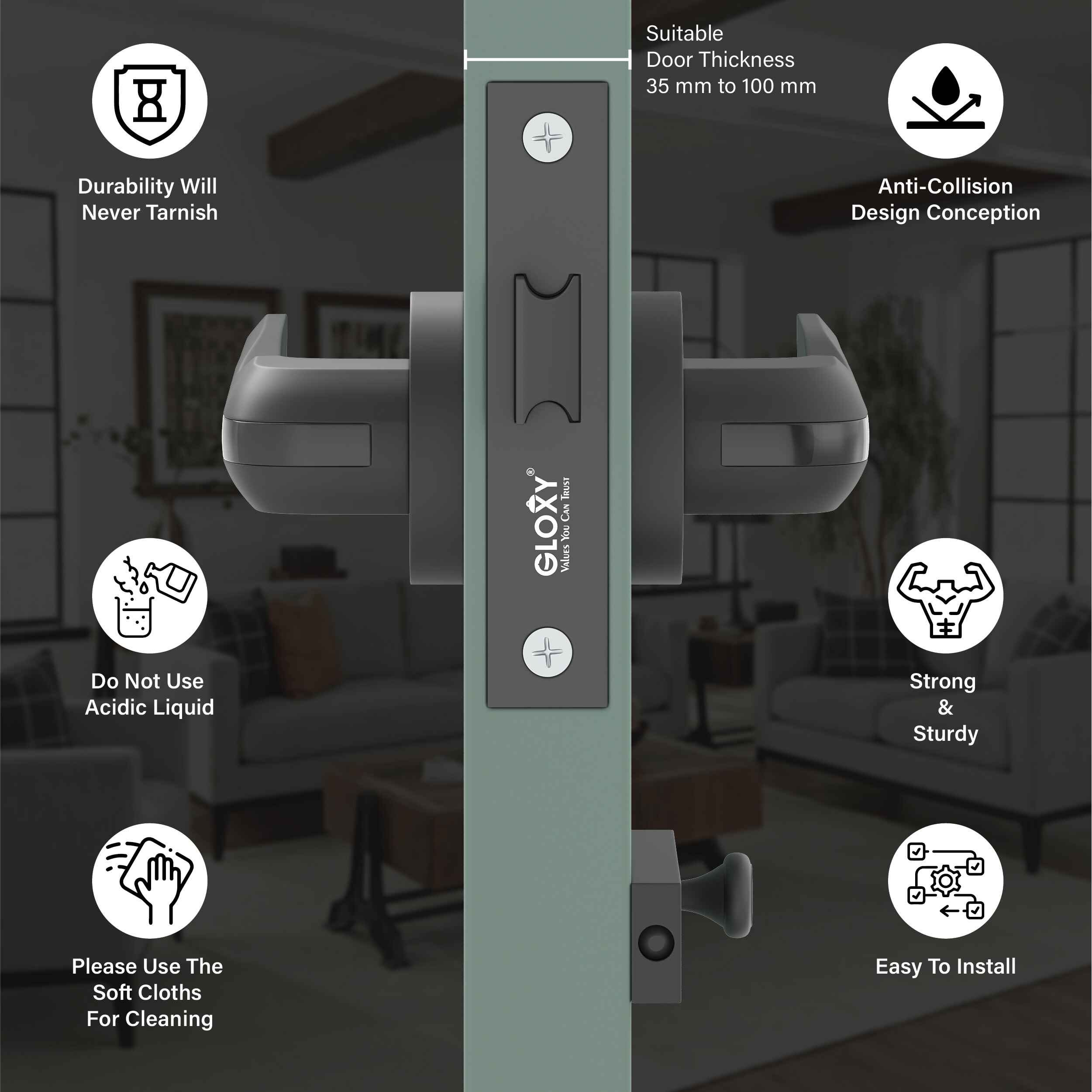 GLOXY Brass Door Lock for Balcony Store Room Door Lock, Mortise Keyless Handle Set with Brass Baby Latch for Home,Office,Hotel | Black Finish (2 Years Warranty, Pack of 1)