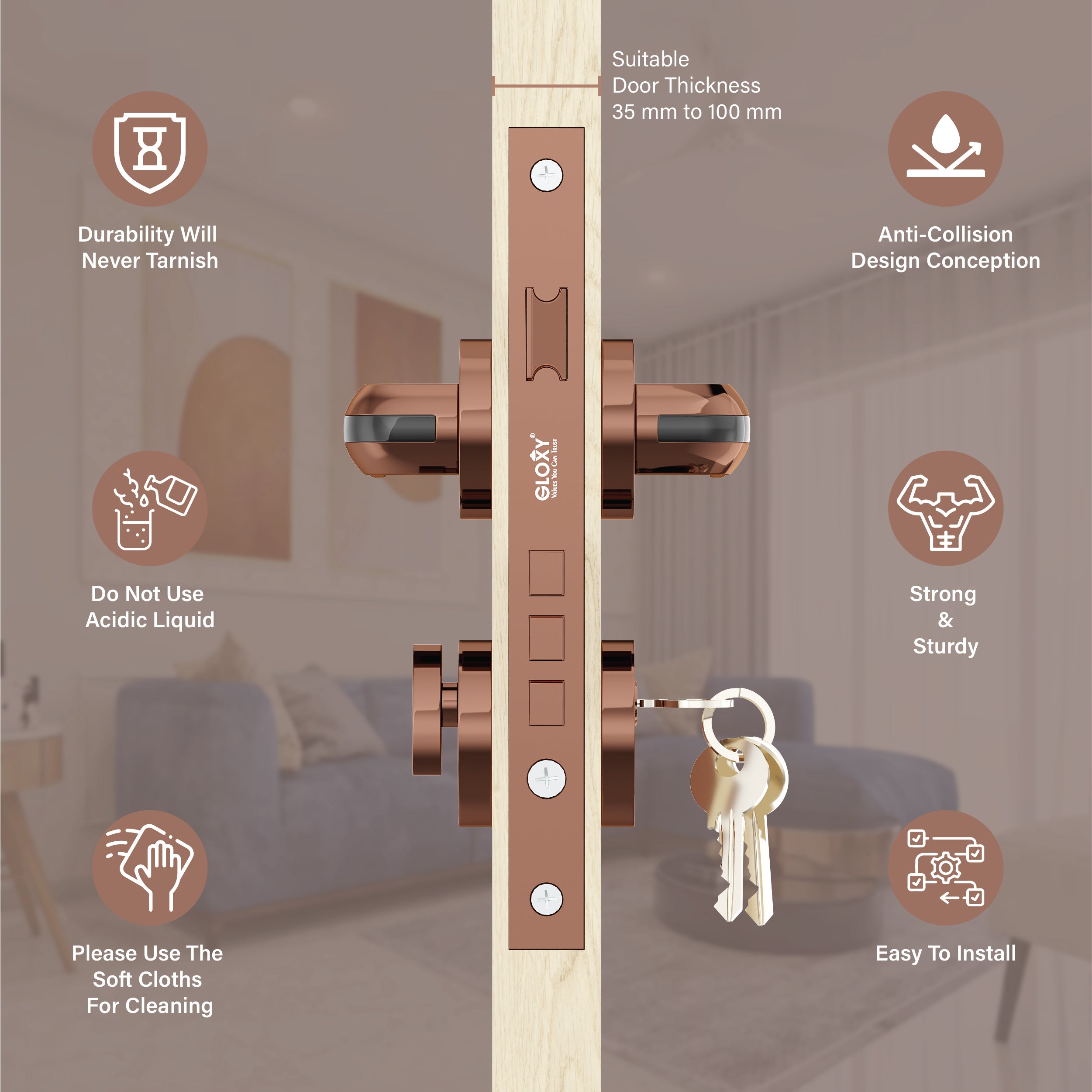 Mortise Door Handles Main Door Lock Handles Set with 3 Keys for Safety of Home | Bedroom, Office, Hotel, Home(Rose Gold)-by GLOXY®