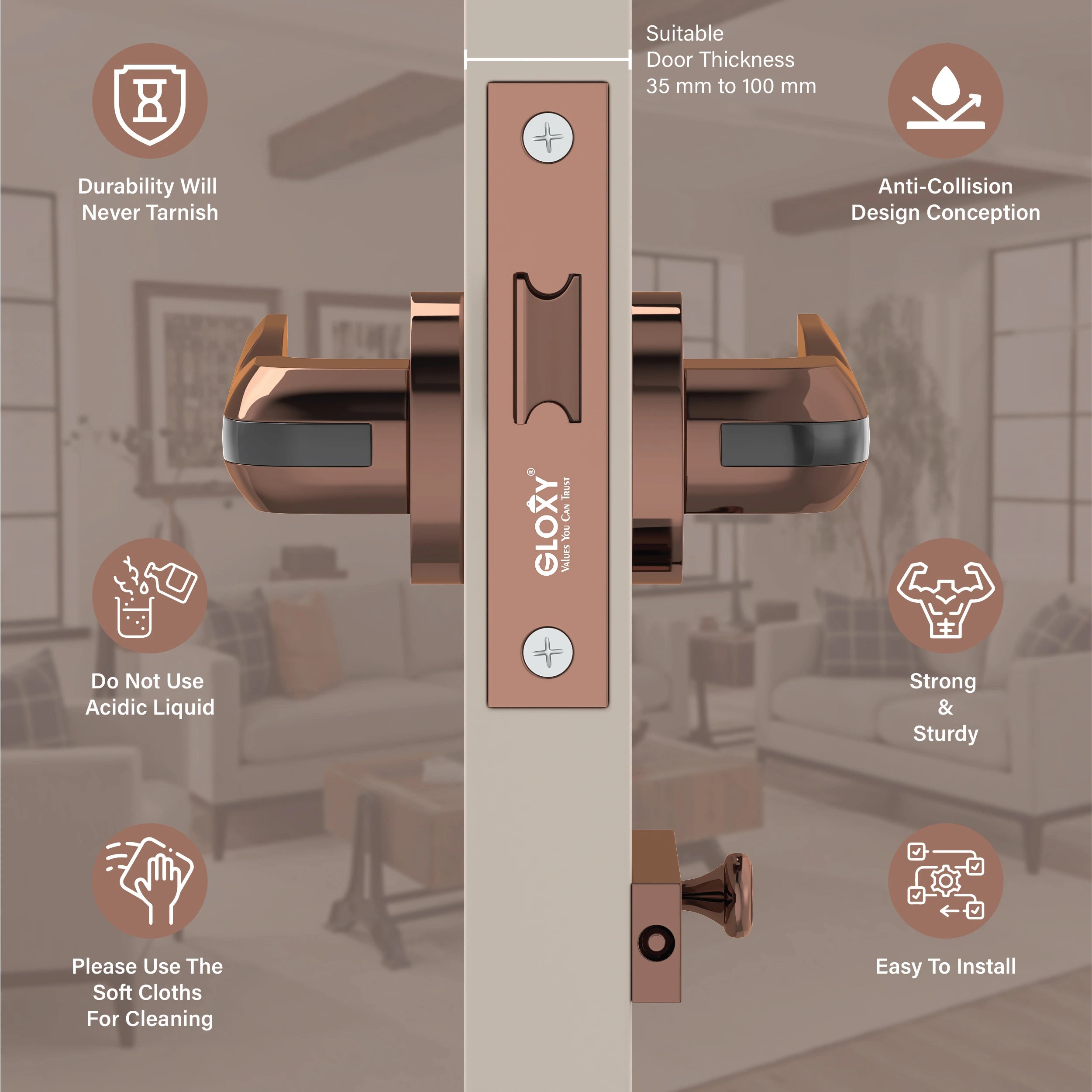 GLOXY Brass Door Lock for Balcony Store Room Door Lock, Mortise Keyless Handle Set with Brass Baby Latch for Home,Office,Hotel | Rose Gold Finish (2 Years Warranty, Pack of 1)