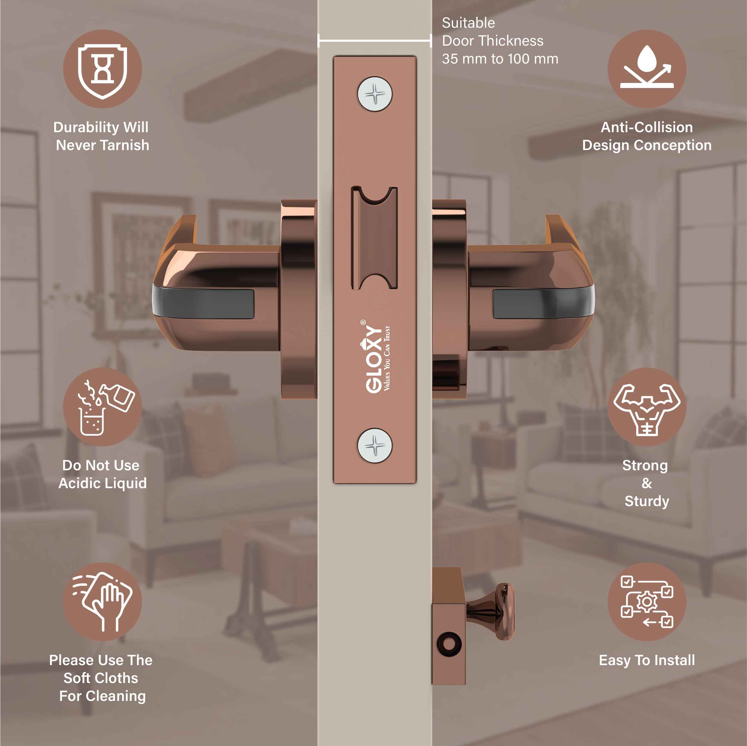 GLOXY Brass Door Lock for Balcony Store Room Door Lock, Mortise Keyless Handle Set with Brass Baby Latch for Home,Office,Hotel | Rose Gold Finish (2 Years Warranty, Pack of 1)