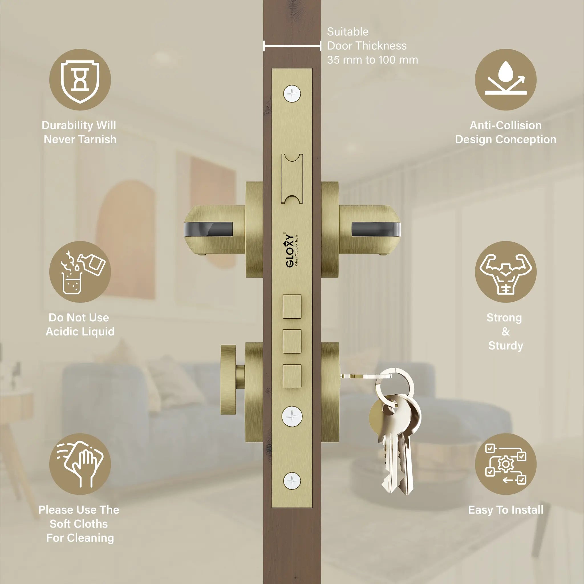 Gloxy Cavin Series Antique Finish Mortise Main Door key Lock With Handle