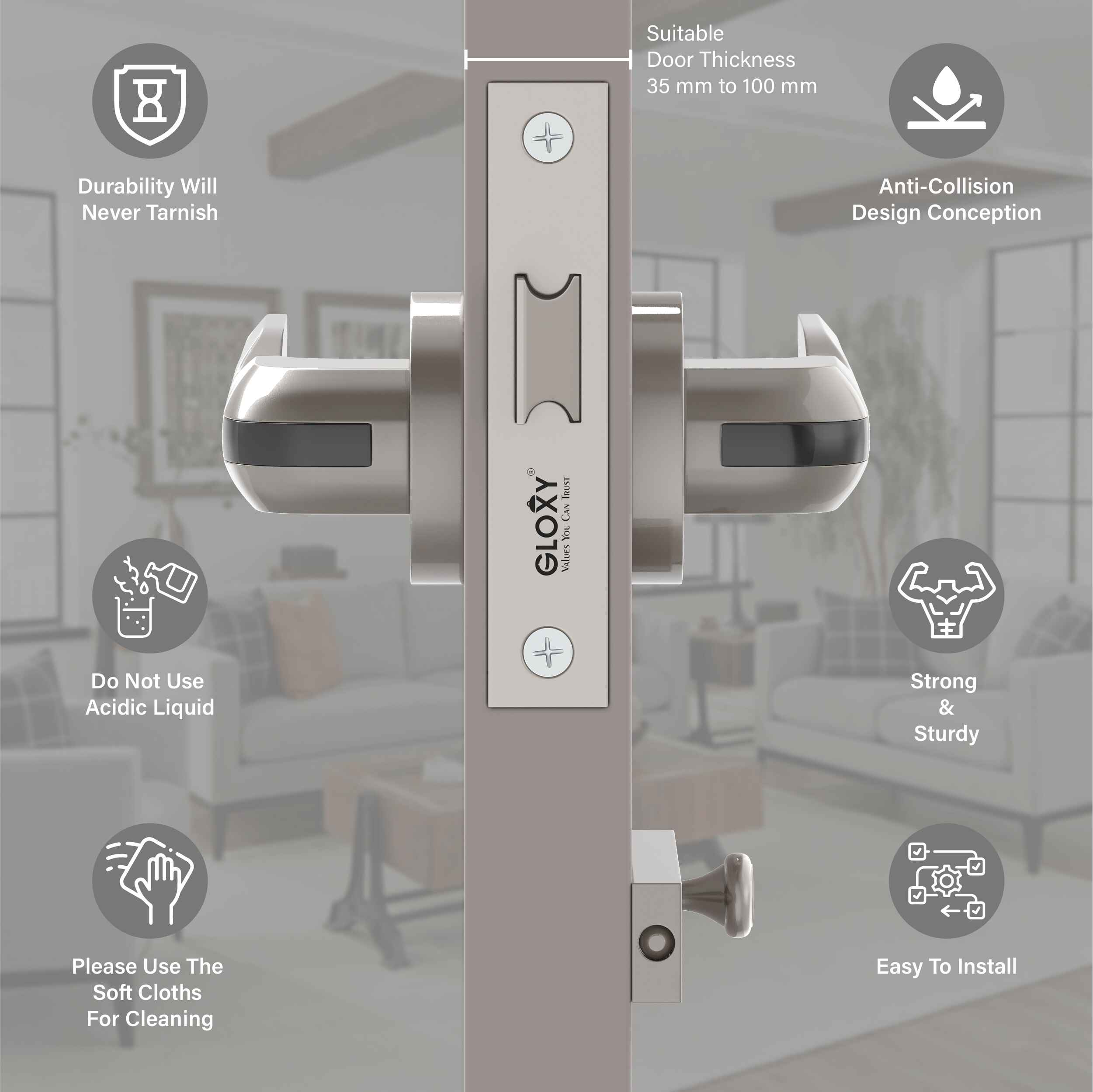 GLOXY Brass Door Lock for Balcony Store Room Door Lock, Mortise Keyless Handle Set with Brass Baby Latch for Home,Office,Hotel | Satin & Black Finish (2 Years Warranty, Pack of 1)