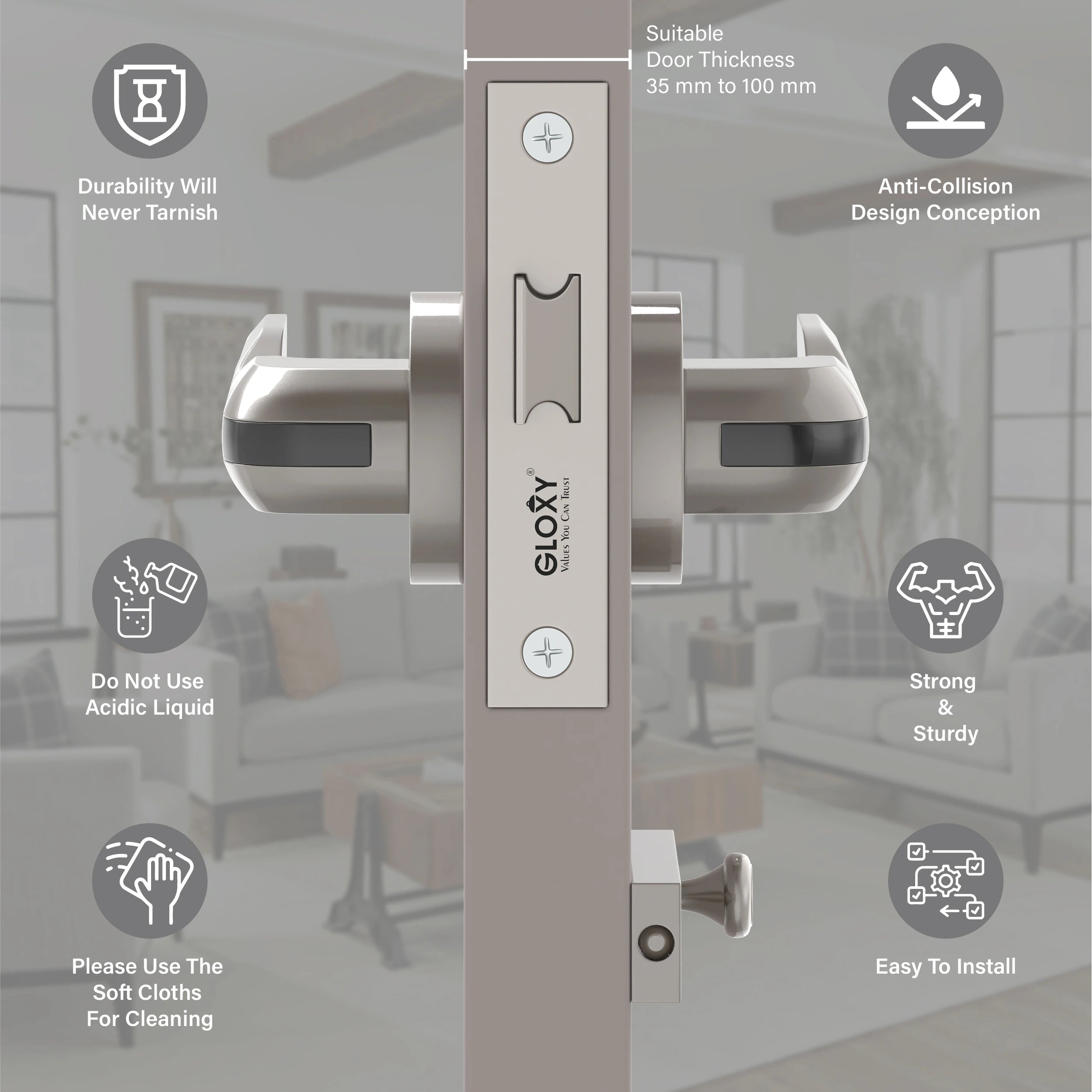 GLOXY Brass Door Lock for Balcony Store Room Door Lock, Mortise Keyless Handle Set with Brass Baby Latch for Home,Office,Hotel | Satin & Black Finish (2 Years Warranty, Pack of 1)
