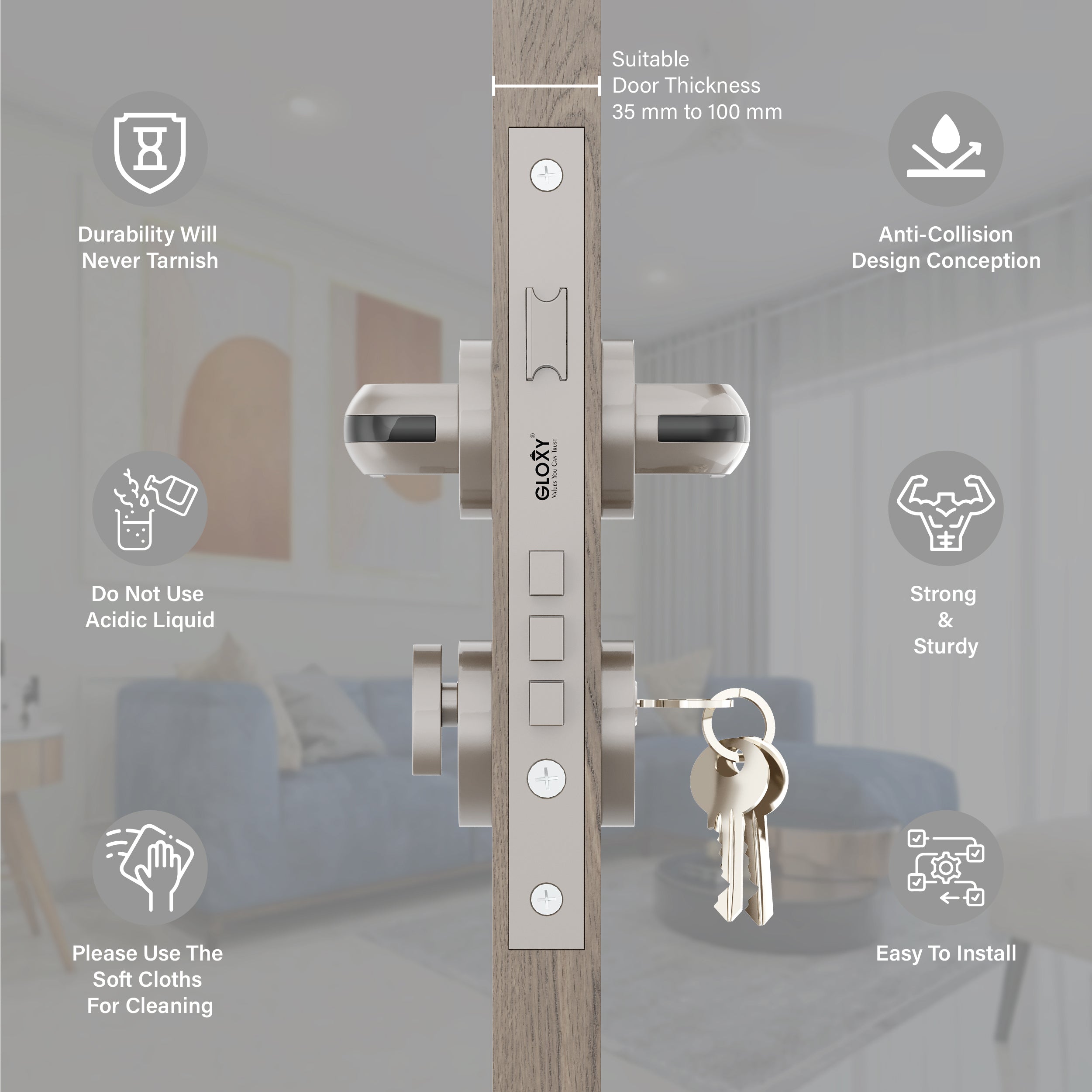 Mortise Door Handles Main Door Lock Handles Set with 3 Keys for Safety of Home | Bedroom, Office, Hotel, Home(Satin Chrome)-by GLOXY®