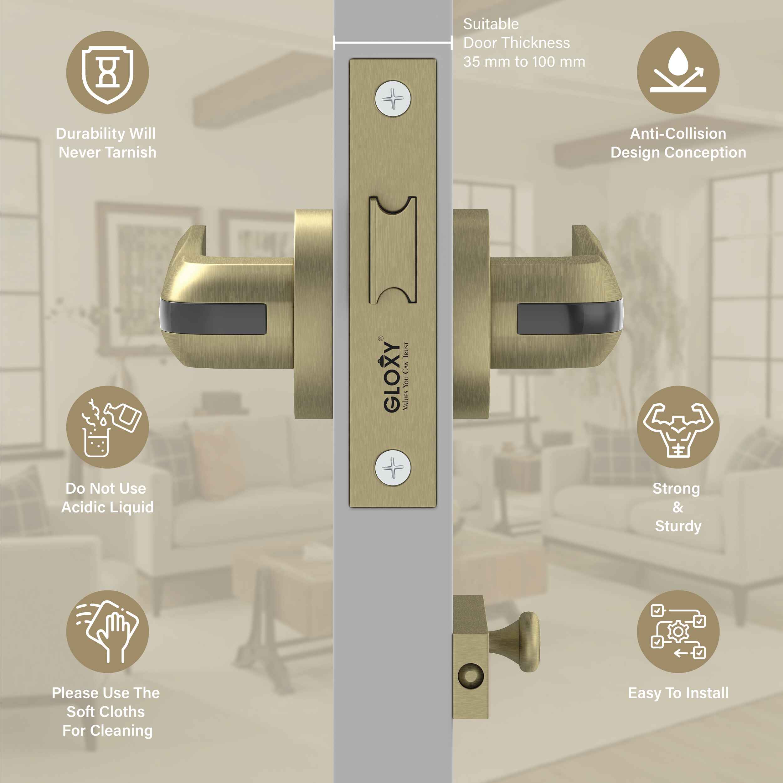 GLOXY Brass Door Lock for Balcony Store Room Door Lock, Mortise Keyless Handle Set with Brass Baby Latch for Home,Office,Hotel | Antique Finish (2 Years Warranty, Pack of 1)