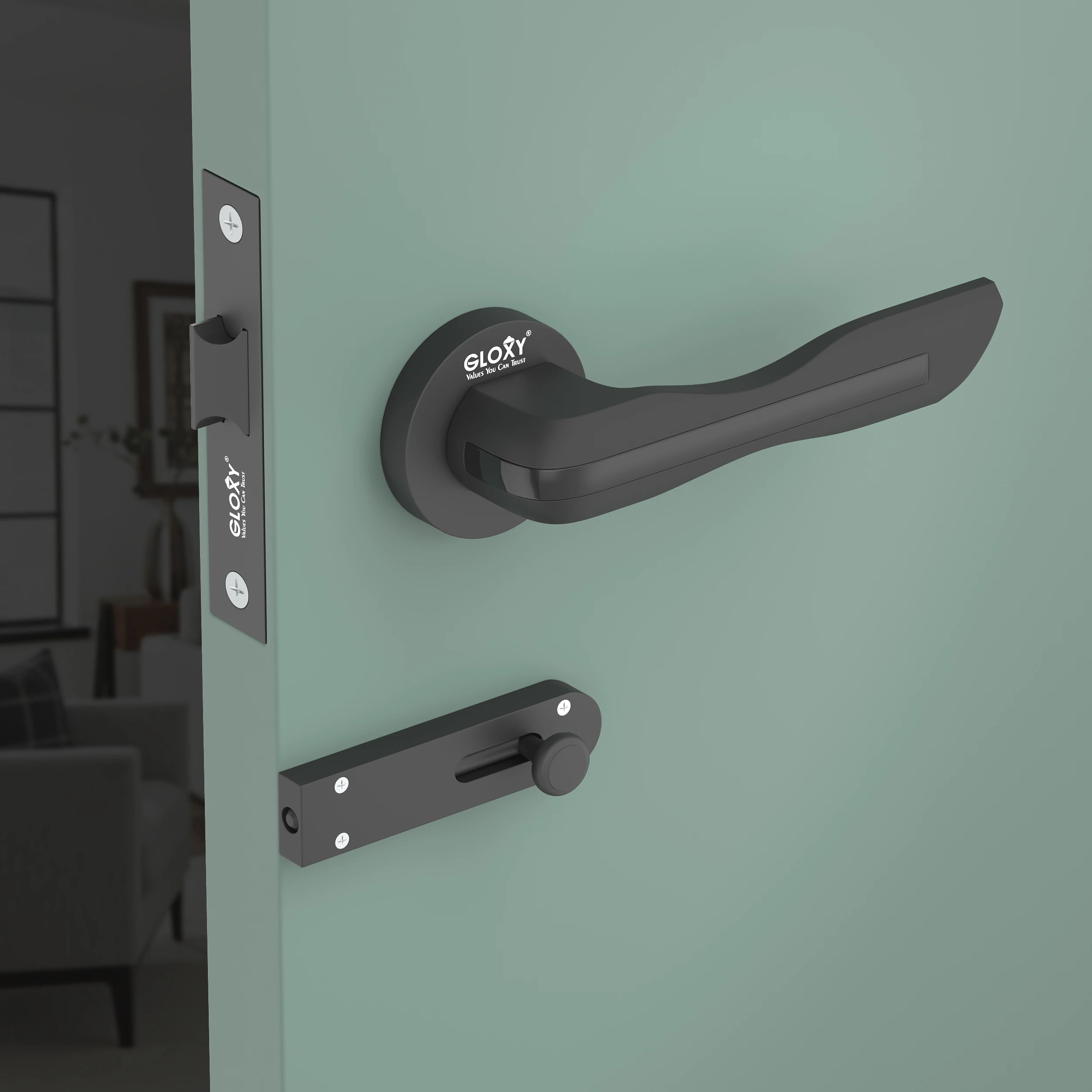 Gloxy Cavin Series Black Finish Mortise Bathroom Door Latch Lock With Handle
