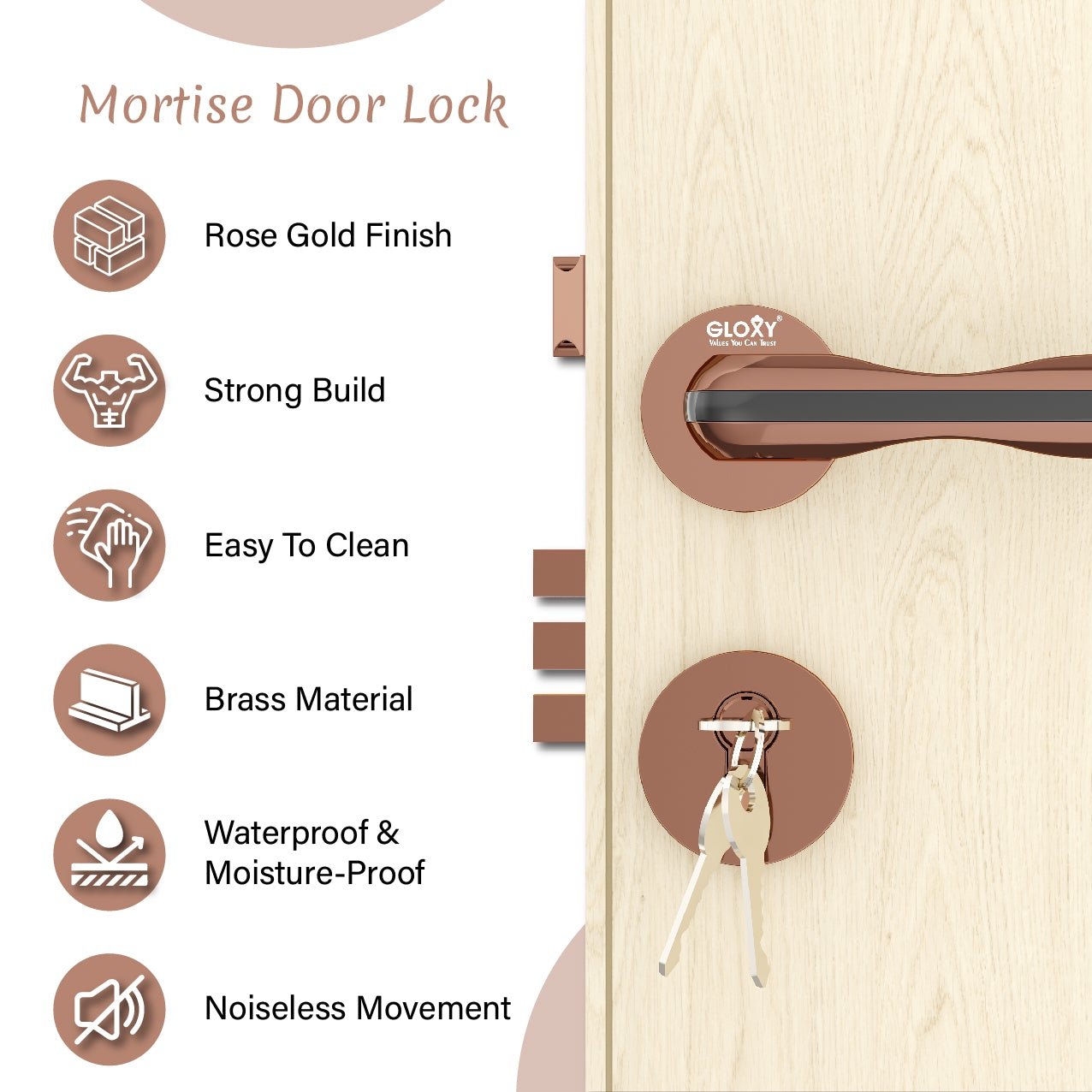 Mortise Door Handles Main Door Lock Handles Set with 3 Keys for Safety of Home | Bedroom, Office, Hotel, Home(Rose Gold)-by GLOXY®