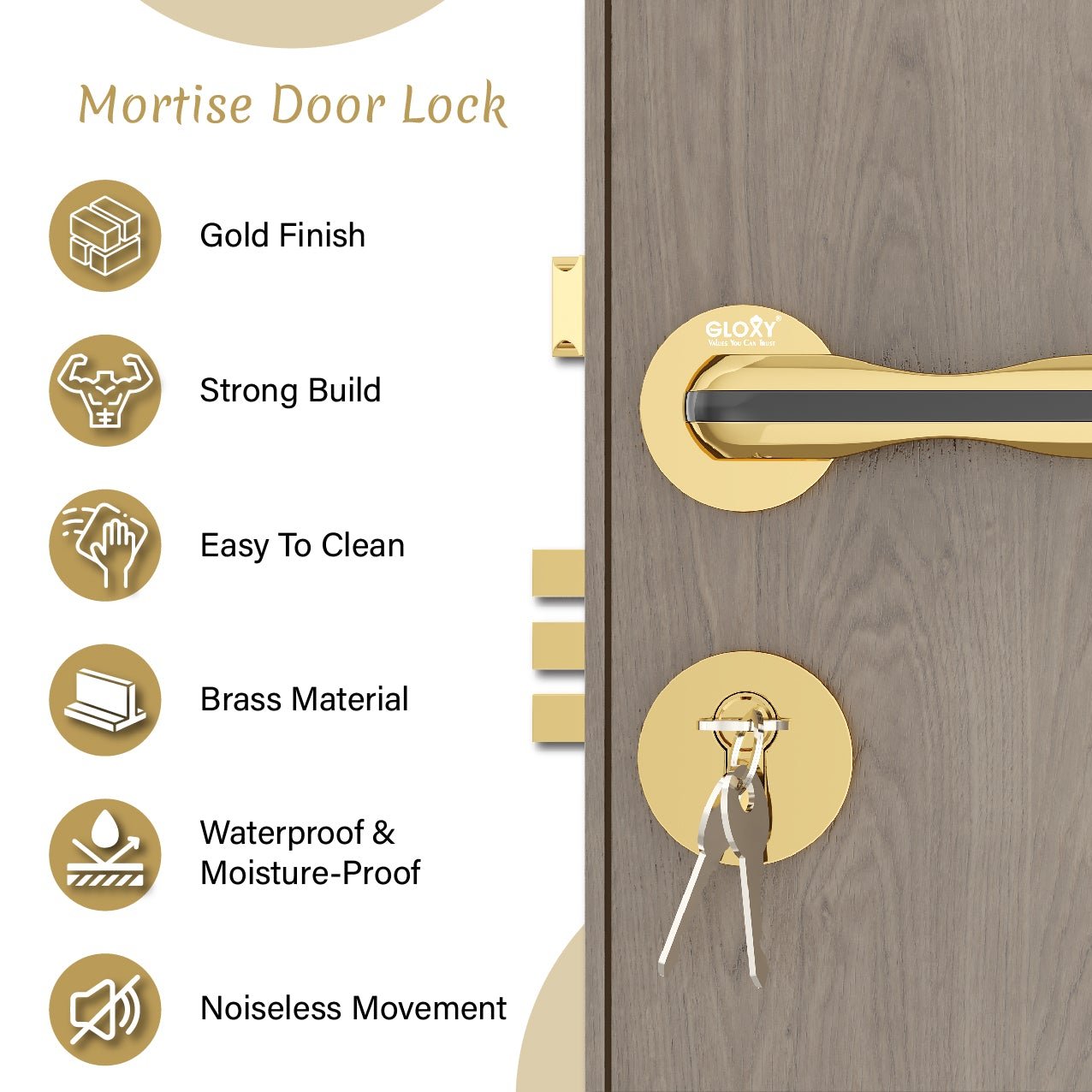 Mortise Door Handles Main Door Lock Handles Set with 3 Keys for Safety of Home | Bedroom, Office, Hotel, Home(Gold)-by GLOXY®