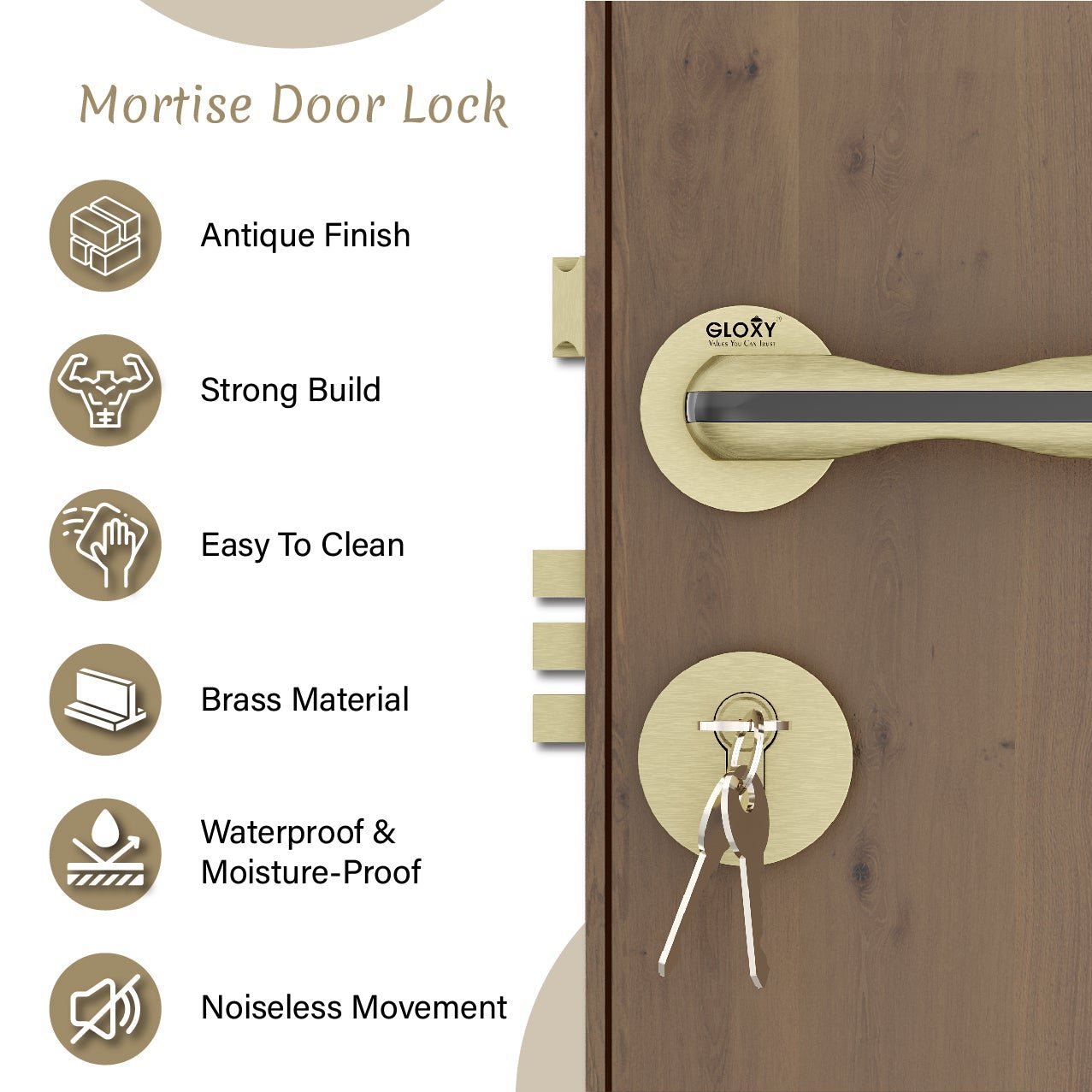 Mortise Door Handles Main Door Lock Handles Set with 3 Keys for Safety of Home | Bedroom, Office, Hotel, Home(Antique)-by GLOXY®