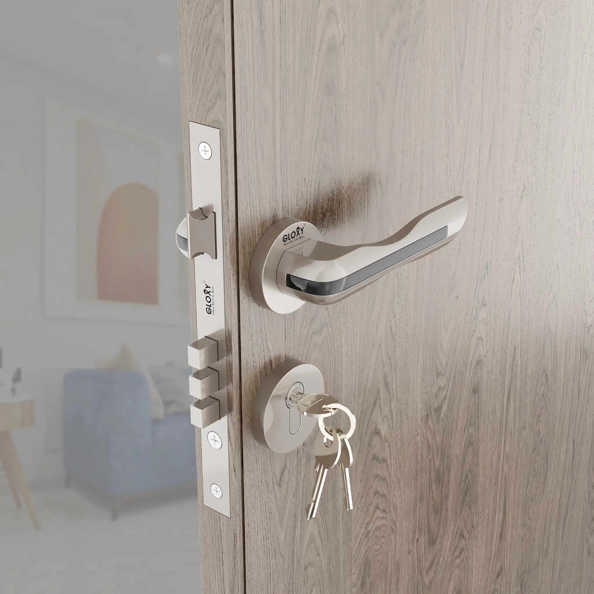 Gloxy Cavin Series Satin Chrome Finish Mortise Main Door key Lock With Handle