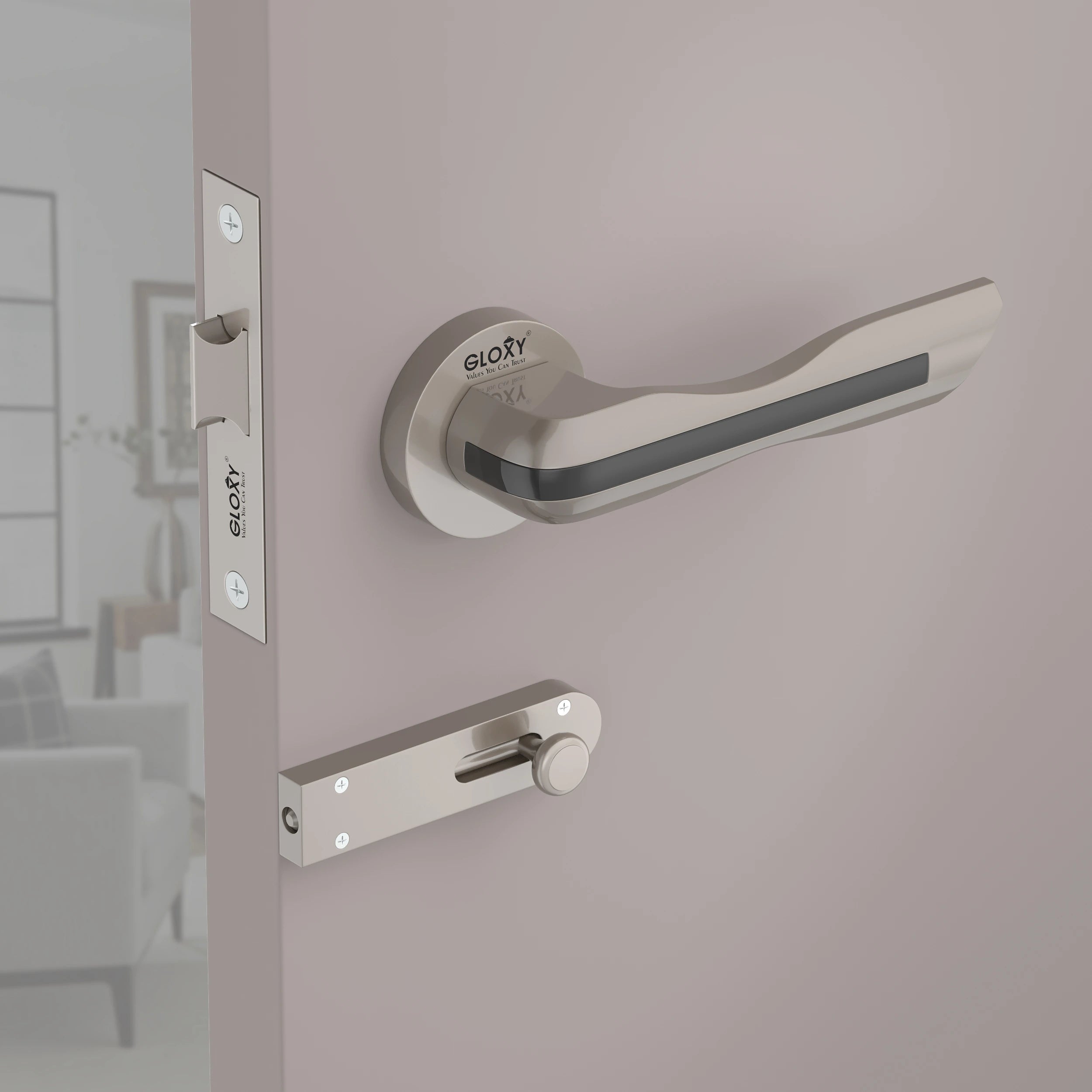 Gloxy Cavin Series Satin Chrome Finish Mortise Bathroom Door Latch Lock With Handle