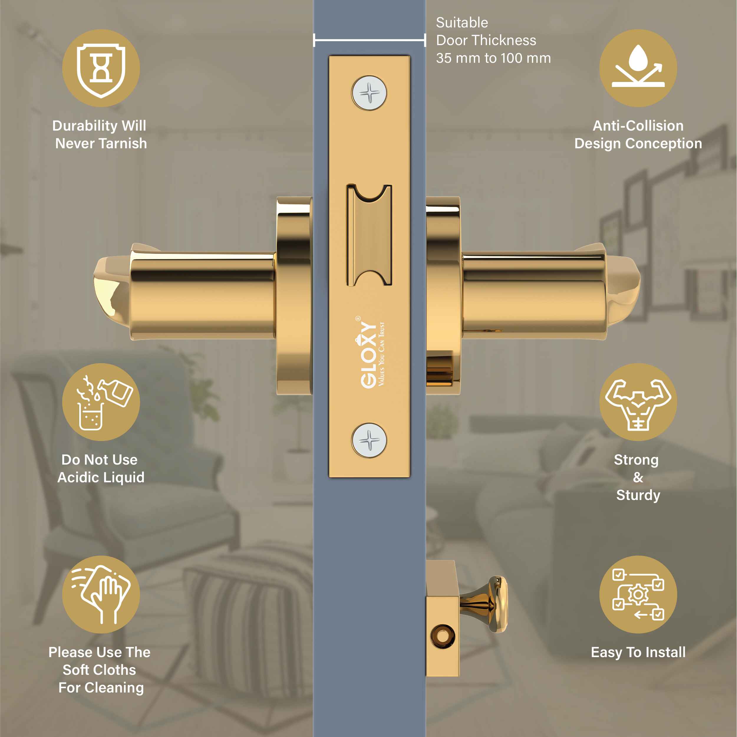 GLOXY Brass Door Lock for Balcony Store Room Door Lock, Mortise Keyless Handle Set with Brass Baby Latch for Home,Office,Hotel | Gold & Black Finish (2 Years Warranty, Pack of 1)