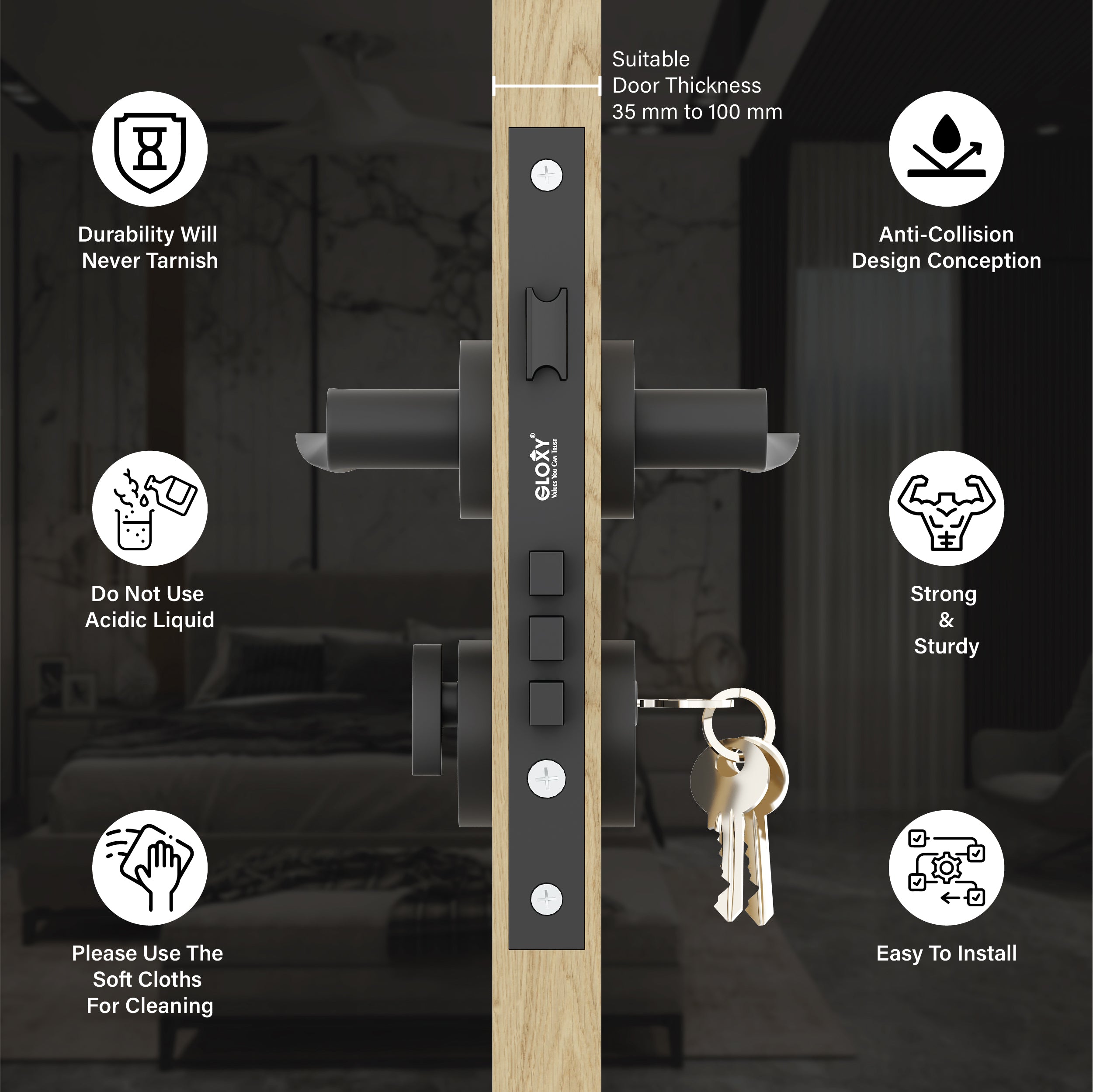 Mortise Door Handles Main Door Lock Handles Set with 3 Keys for Safety of Home | Bedroom, Office, Hotel, Home(Black)-by GLOXY®