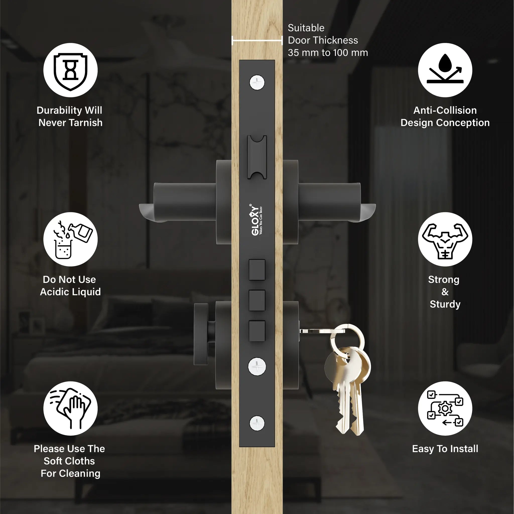 Gloxy Revok Series Black Finish Mortise Main Door key Lock With Handle