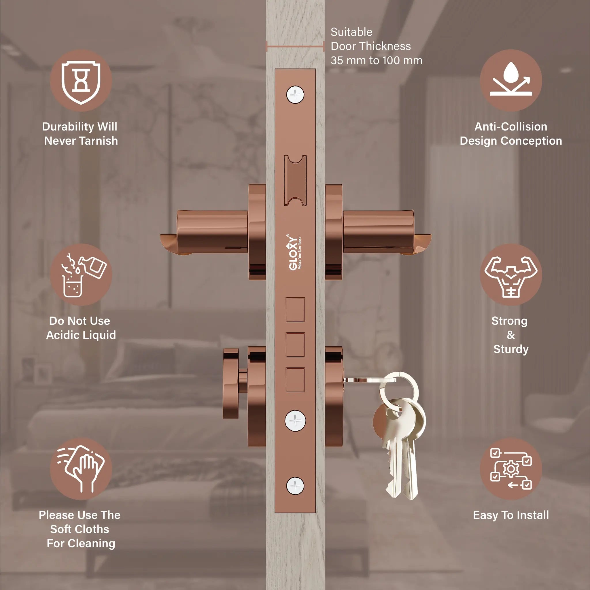 Gloxy Revok Series Rose Gold Finish Mortise Main Door key Lock With Handle
