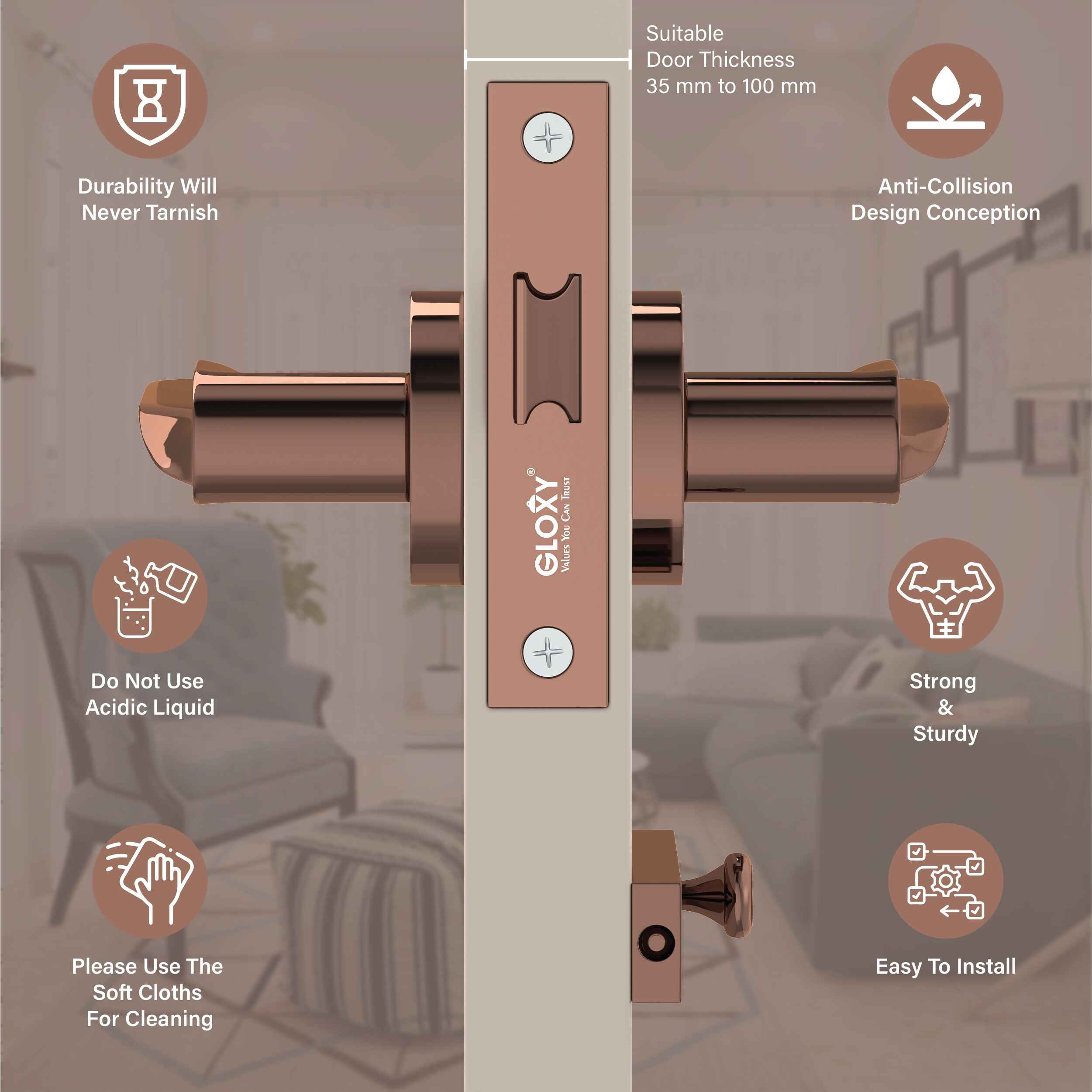 GLOXY Brass Door Lock for Balcony Store Room Door Lock, Mortise Keyless Handle Set with Brass Baby Latch for Home,Office,Hotel | Rose Gold Finish (2 Years Warranty, Pack of 1)