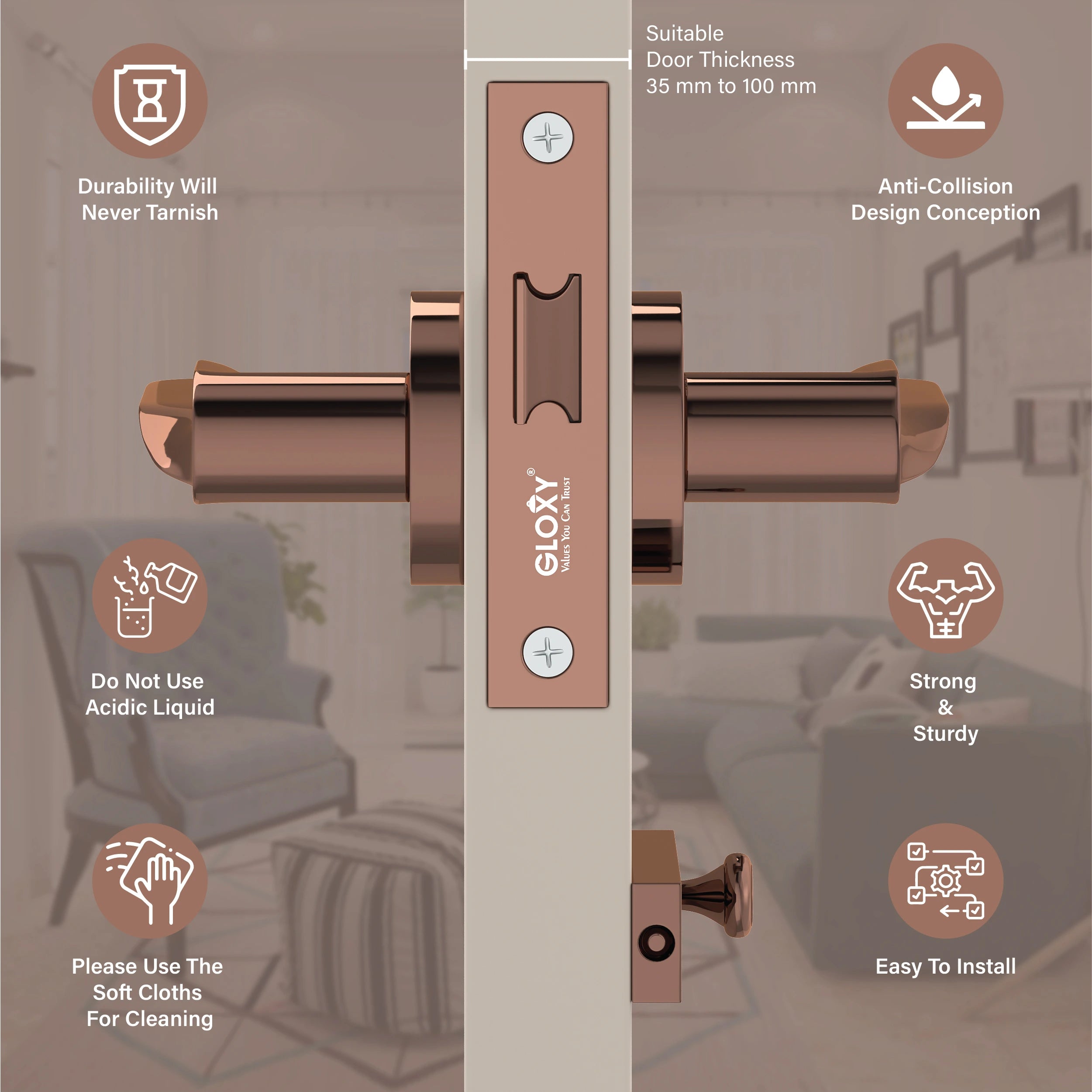 Gloxy Revok Series Rose Gold Finish Mortise Bathroom Door Latch Lock With Handle