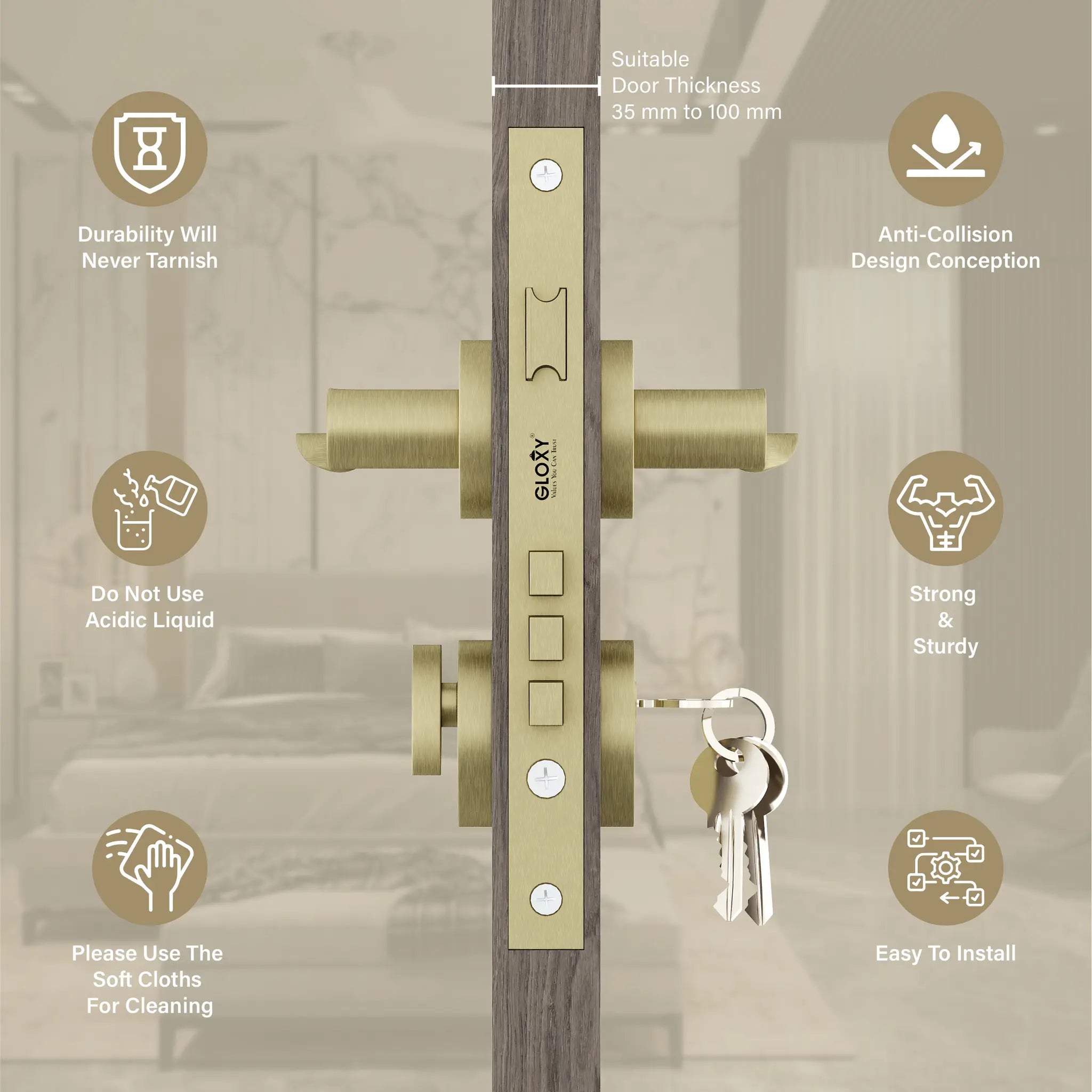 Gloxy Revok Series Antique Finish Mortise Main Door key Lock With Handle