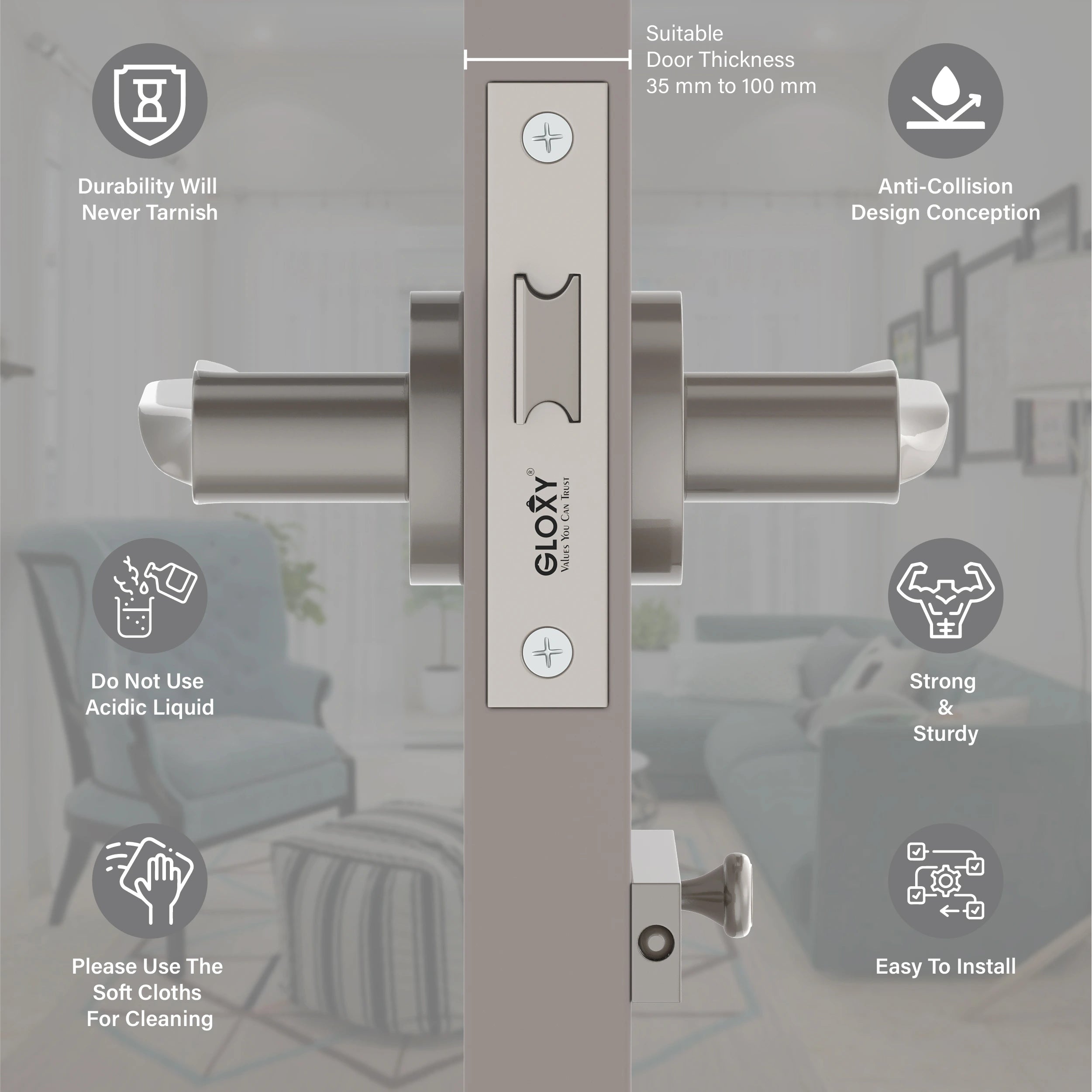 Gloxy Revok Series Satin Chrome Finish Mortise Bathroom Door Latch Lock With Handle