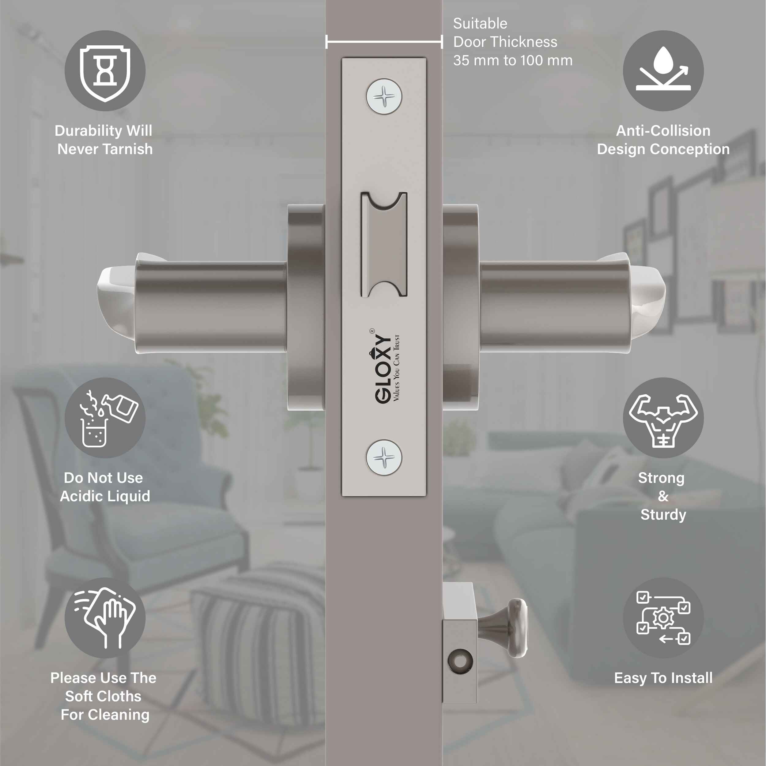 GLOXY Brass Door Lock for Balcony Store Room Door Lock, Mortise Keyless Handle Set with Brass Baby Latch for Home,Office,Hotel | Satin Finish (2 Years Warranty, Pack of 1)