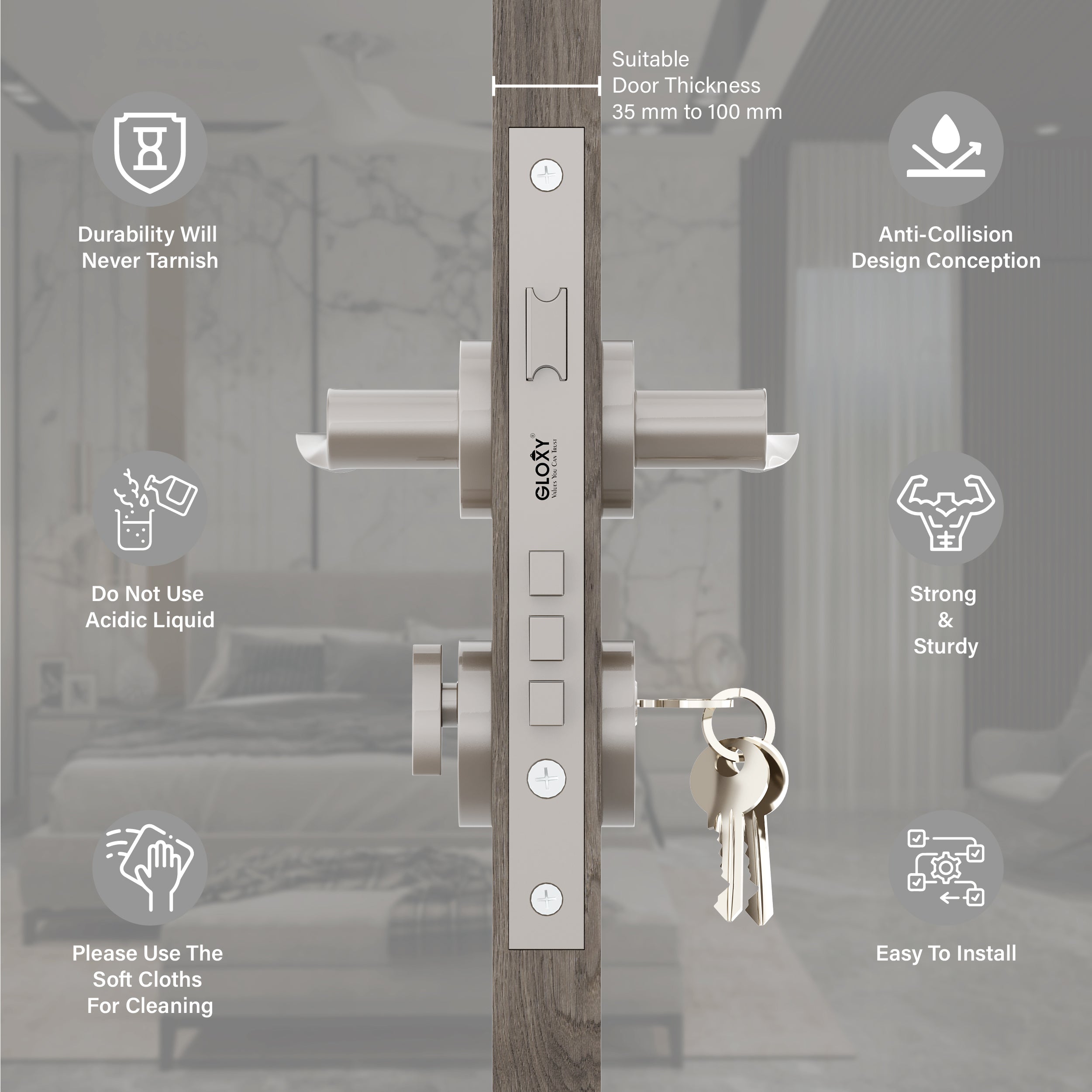 Mortise Door Handles Main Door Lock Handles Set with 3 Keys for Safety of Home | Bedroom, Office, Hotel, Home(Satin Chrome)-by GLOXY®