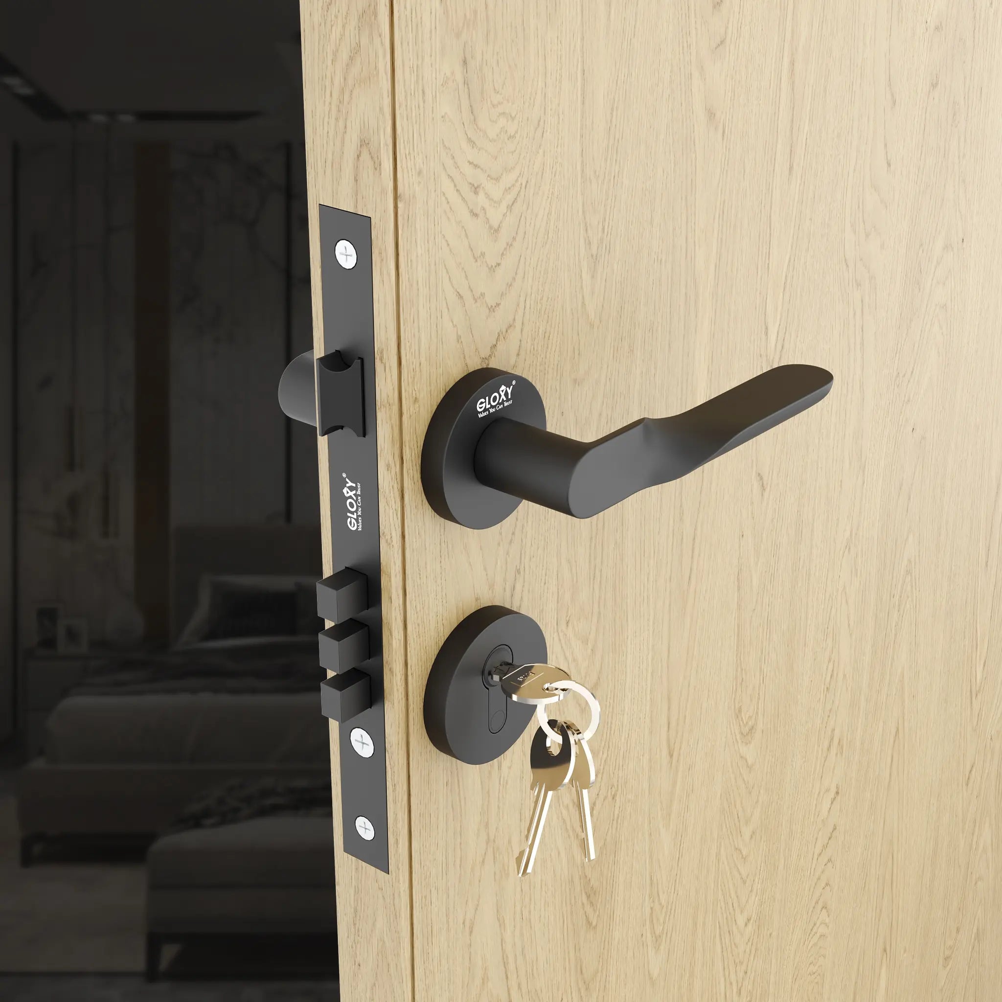 Gloxy Revok Series Black Finish Mortise Main Door key Lock With Handle