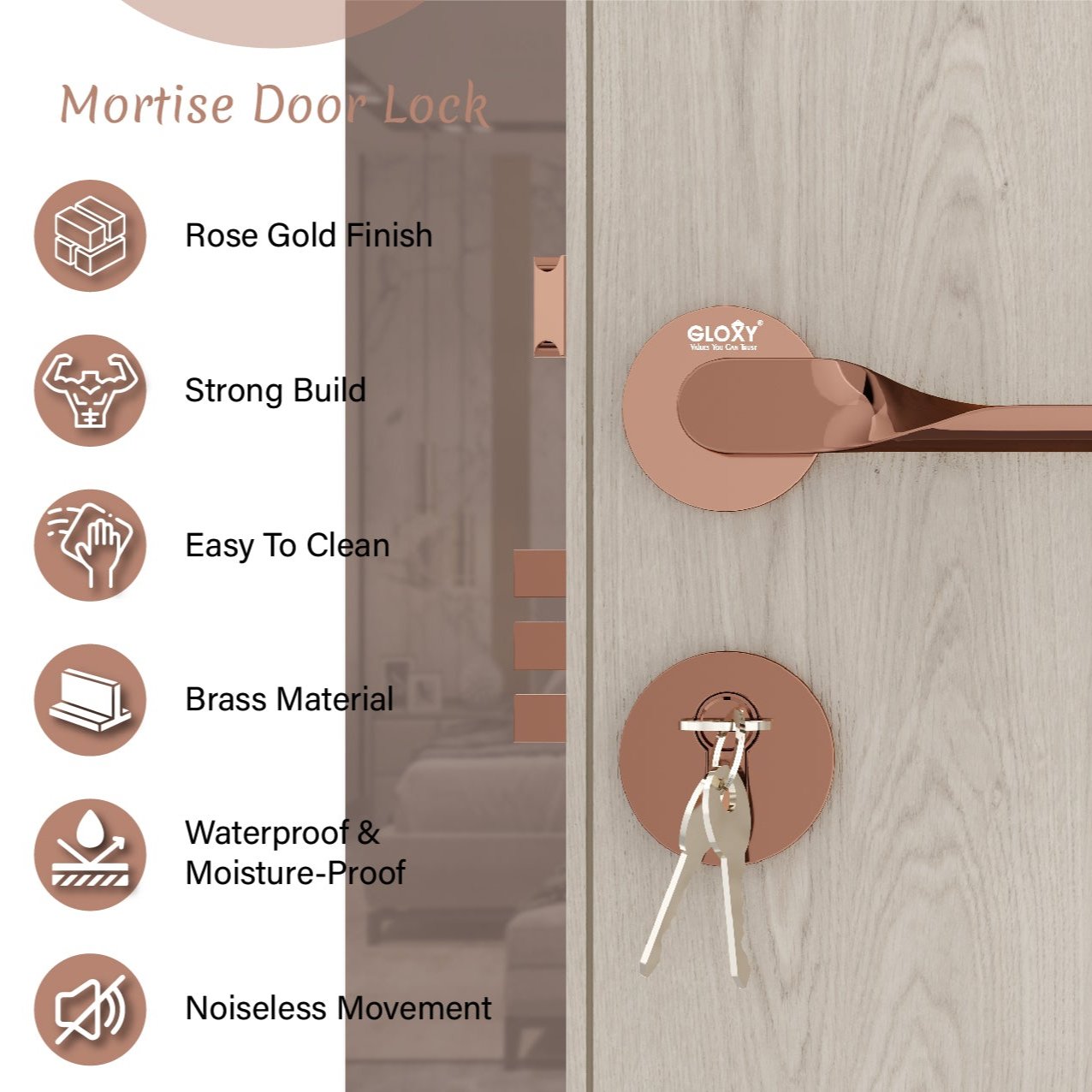 Mortise Door Handles Main Door Lock Handles Set with 3 Keys for Safety of Home | Bedroom, Office, Hotel, Home(Rose Gold)-by GLOXY®