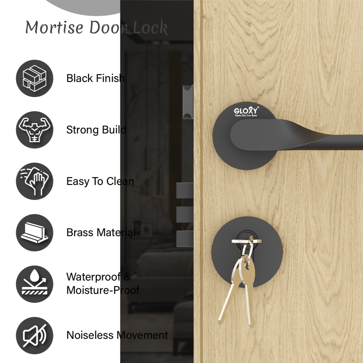 Mortise Door Handles Main Door Lock Handles Set with 3 Keys for Safety of Home | Bedroom, Office, Hotel, Home(Black)-by GLOXY®