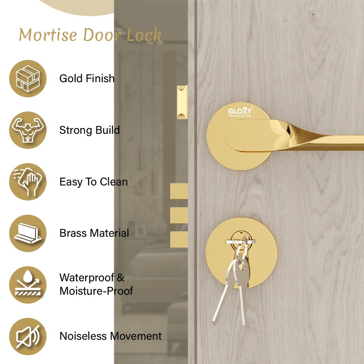 Mortise Door Handles Main Door Lock Handles Set with 3 Keys for Safety of Home | Bedroom, Office, Hotel, Home(Gold)-by GLOXY®