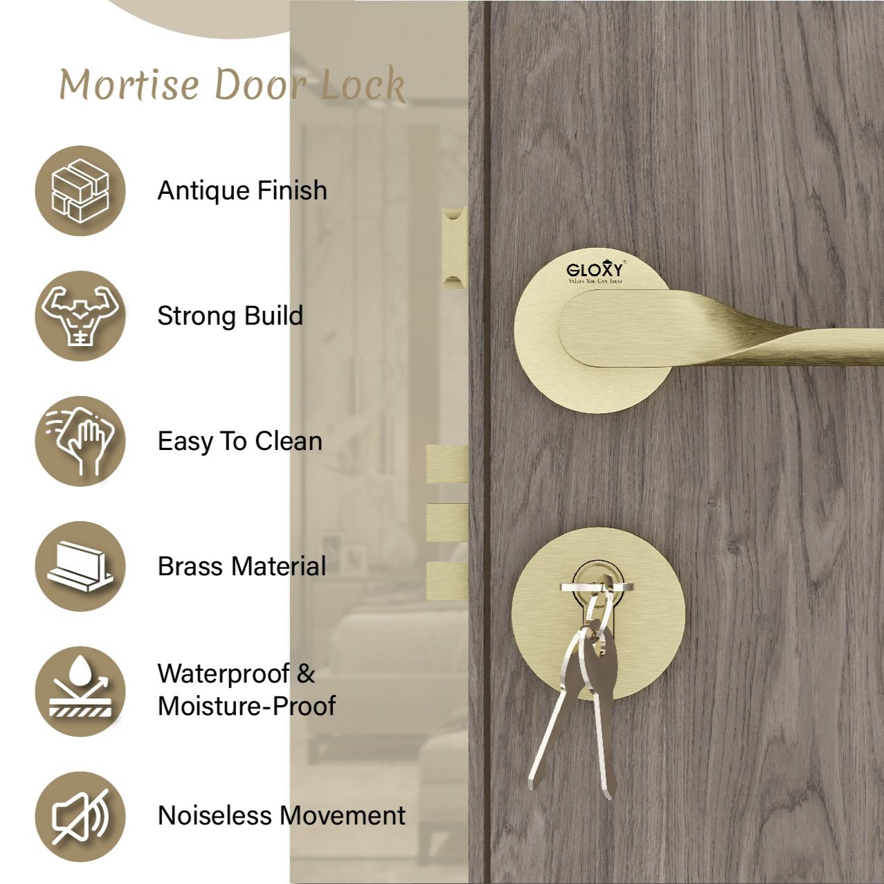 Mortise Door Handles Main Door Lock Handles Set with 3 Keys for Safety of Home | Bedroom, Office, Hotel, Home(Antique)-by GLOXY®