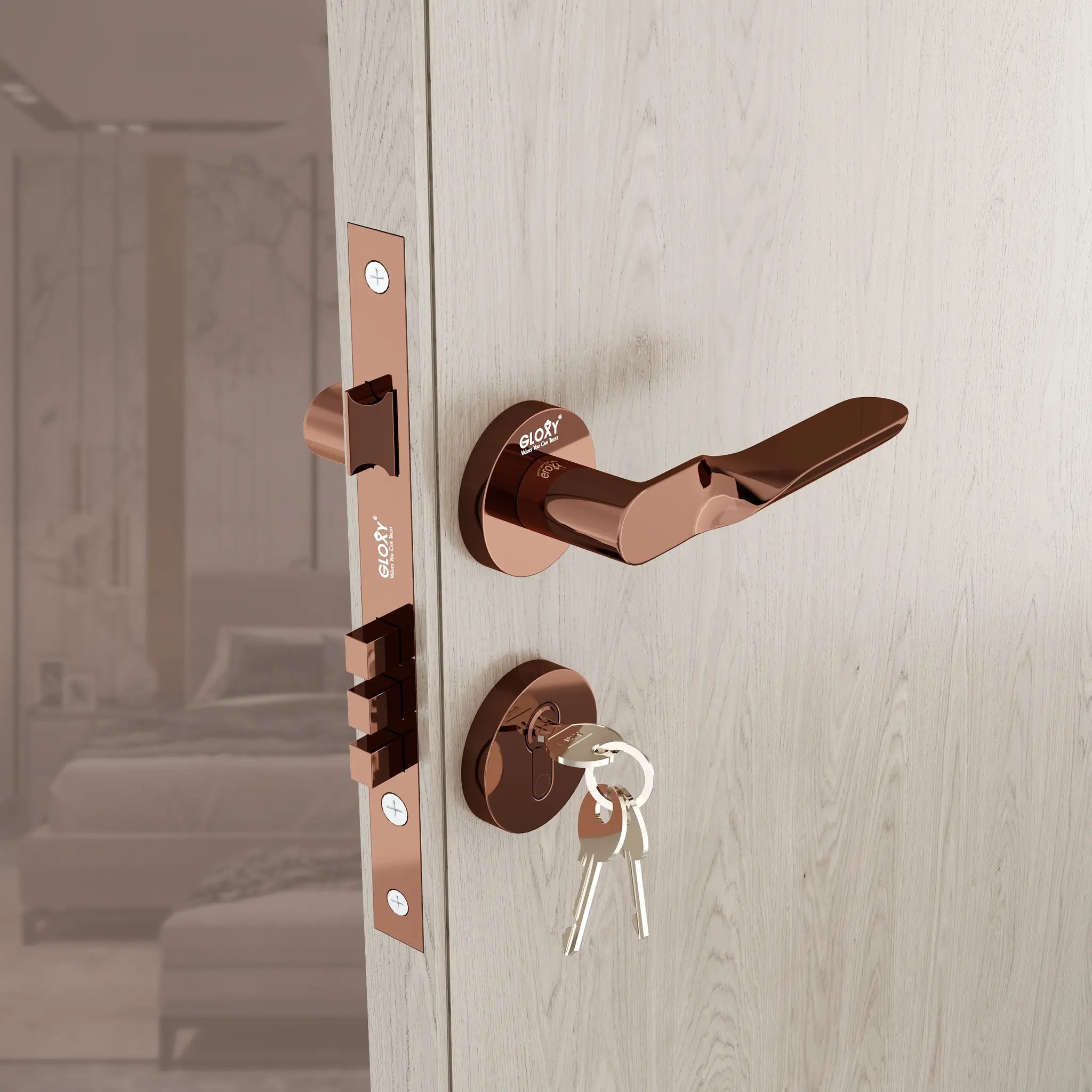 Gloxy Revok Series Rose Gold Finish Mortise Main Door key Lock With Handle