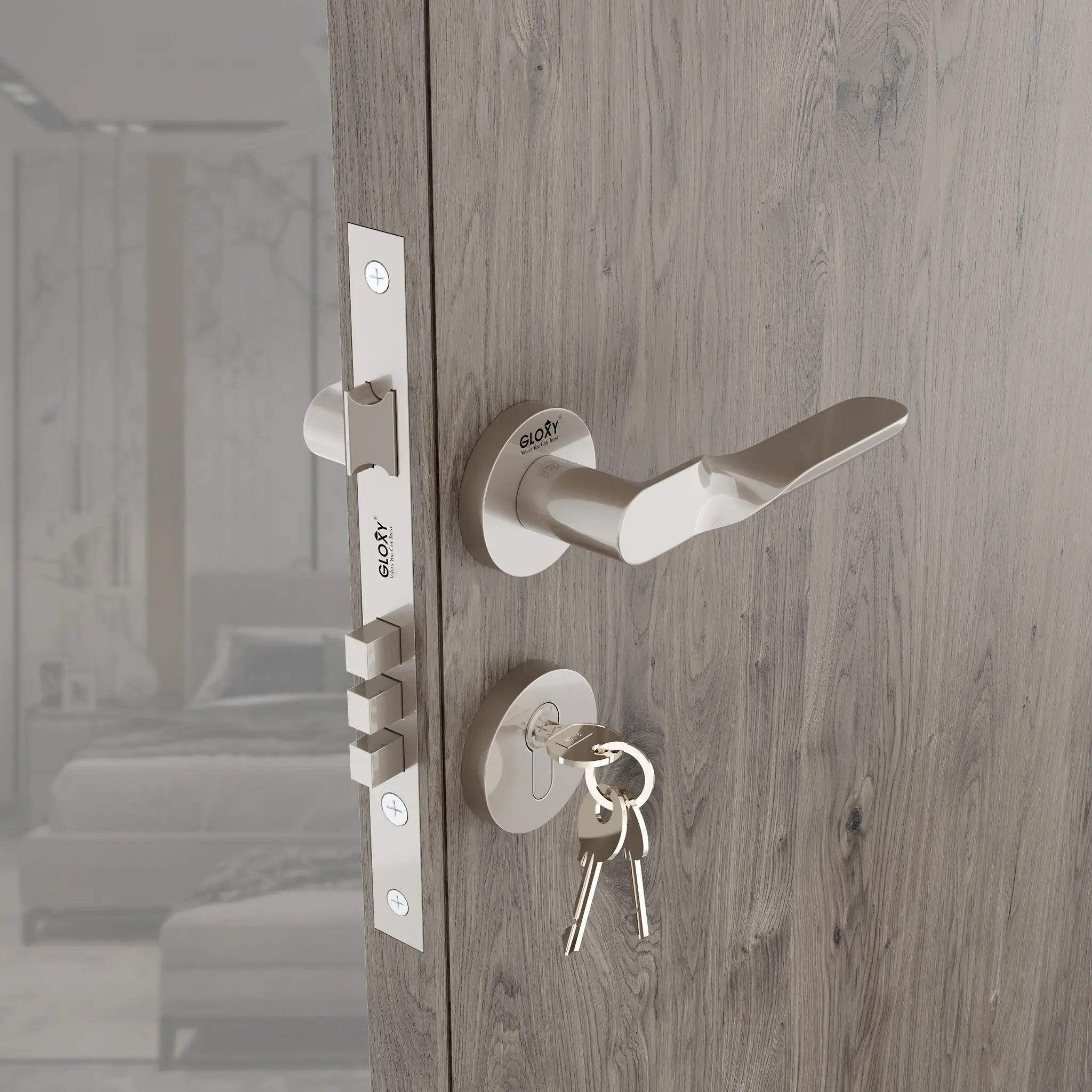 Gloxy Revok Series Satin Chrome Finish Mortise Main Door key Lock With Handle