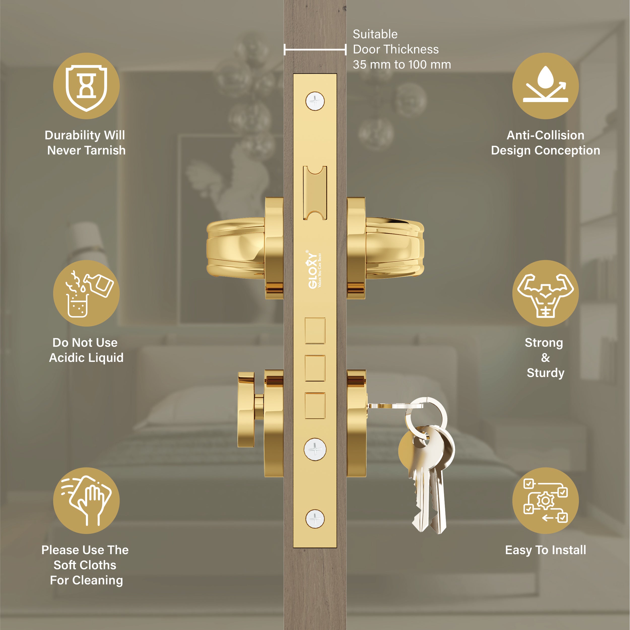 Mortise Door Handles Main Door Lock Handles Set with 3 Keys for Safety of H0ome | Bedroom, Office, Hotel, Home(Gold)-by GLOXY®