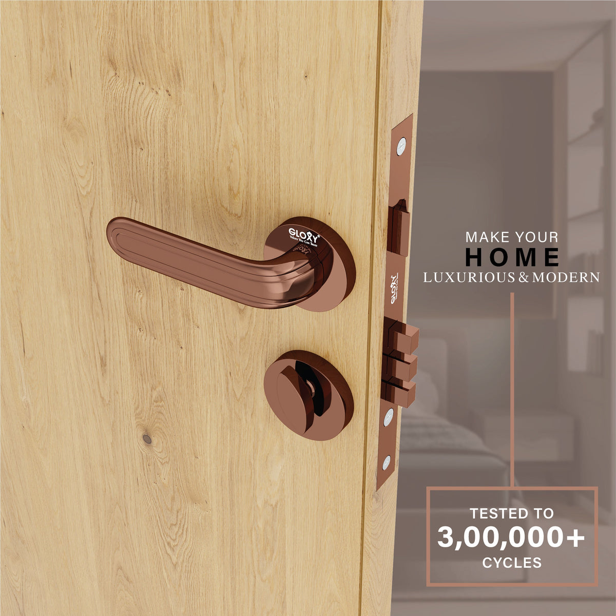 Mortise Door Handles Main Door Lock Handles Set with 3 Keys for Safety of Home | Bedroom, Office, Hotel, Home(Rose Gold)-by GLOXY®