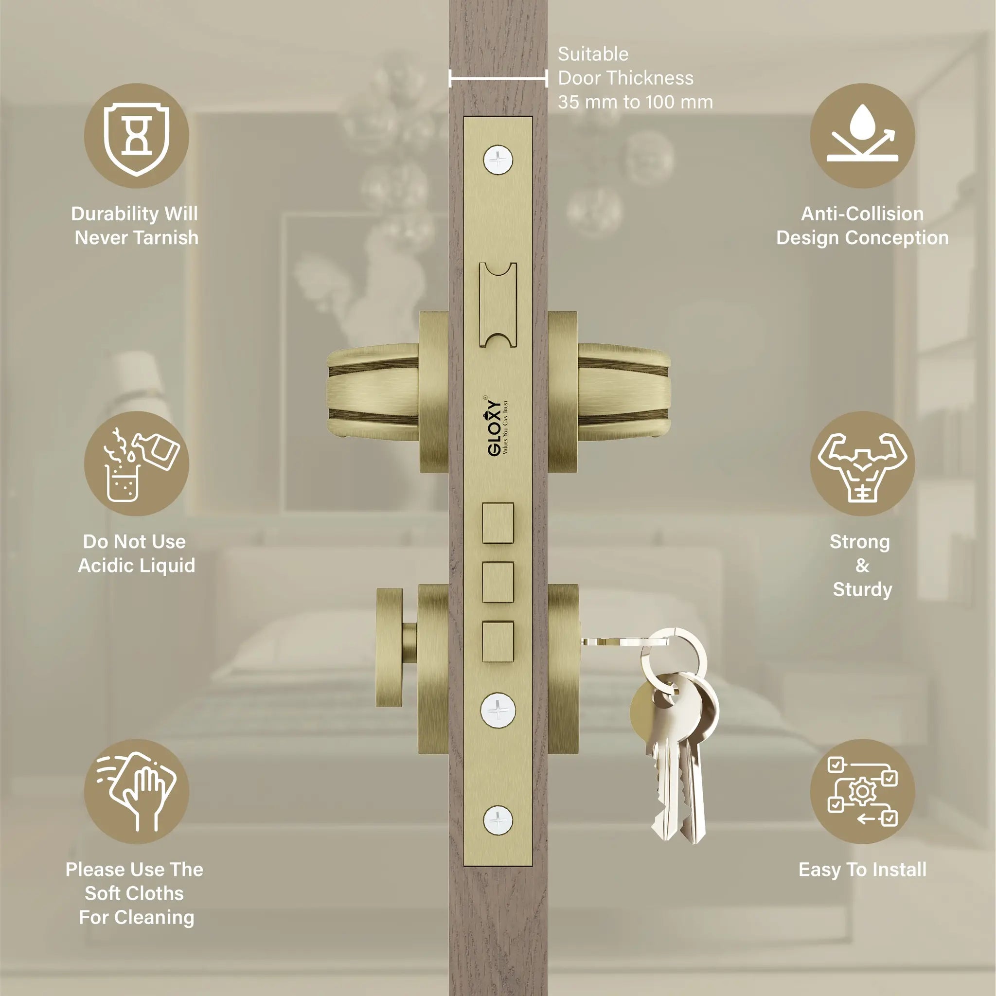 Gloxy Tavin Series Antique Finish Mortise Main Door key Lock With Handle