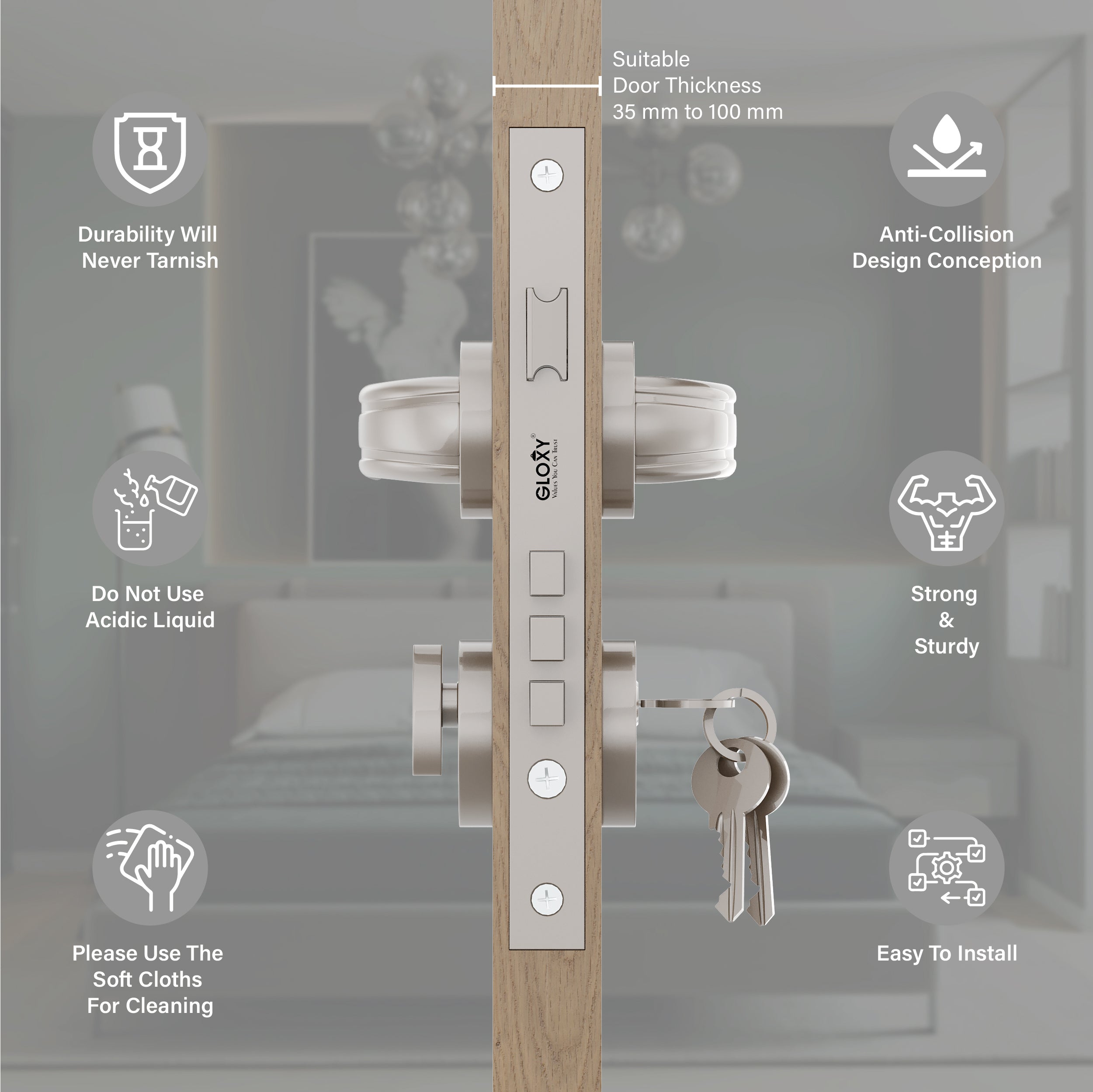 Mortise Door Handles Main Door Lock Handles Set with 3 Keys for Safety of Home | Bedroom, Office, Hotel, Home(Satin Chrome)-by GLOXY®