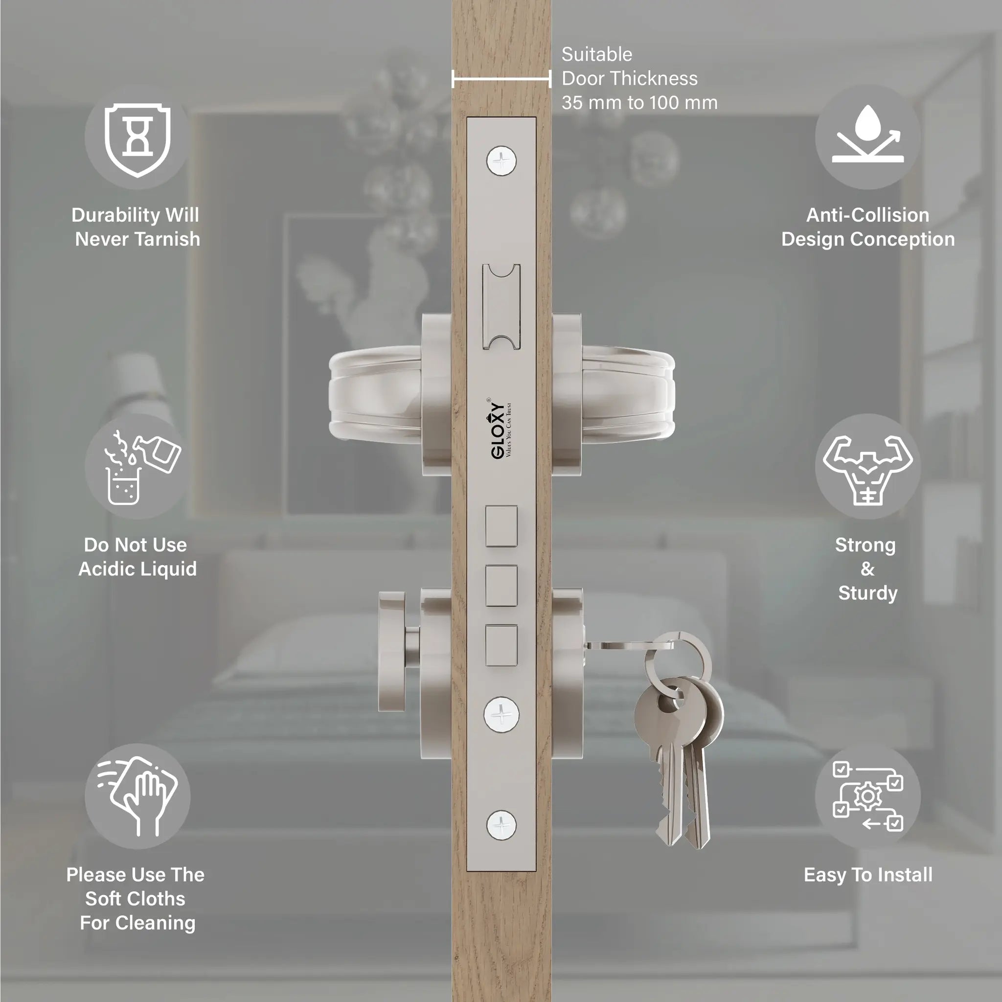 Gloxy Tavin Series Satin Chrome Finish Mortise Main Door key Lock With Handle