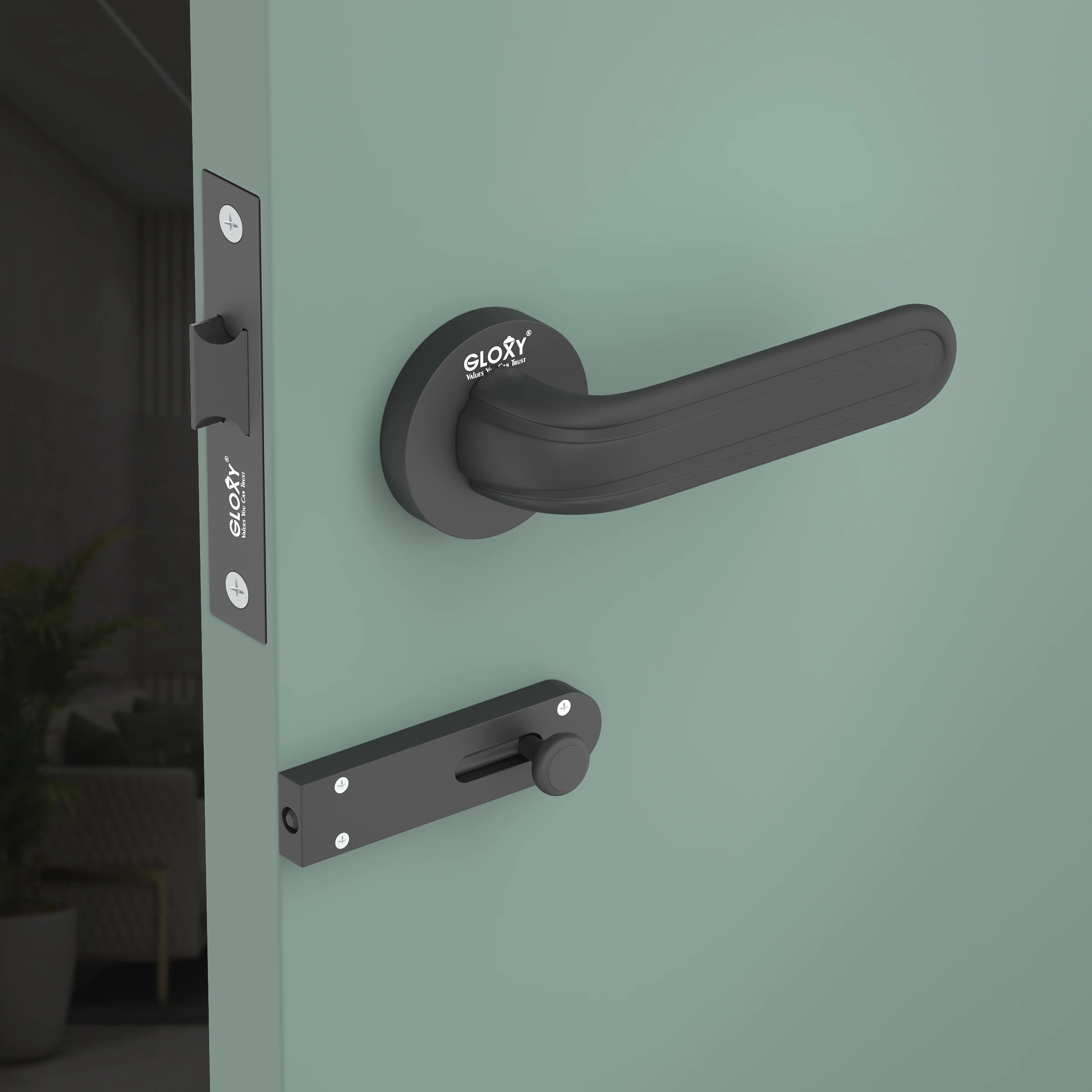 Gloxy Tavin Series Black Finish Mortise Bathroom Door Latch Lock With Handle