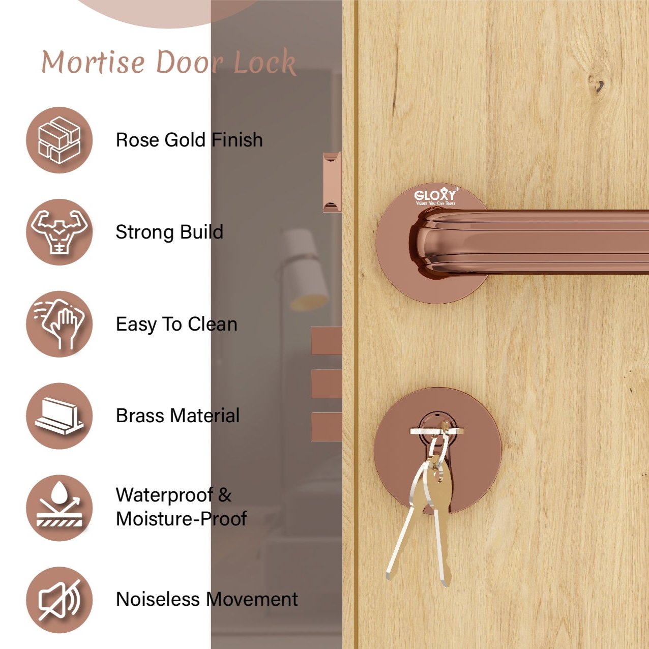 Mortise Door Handles Main Door Lock Handles Set with 3 Keys for Safety of Home | Bedroom, Office, Hotel, Home(Rose Gold)-by GLOXY®