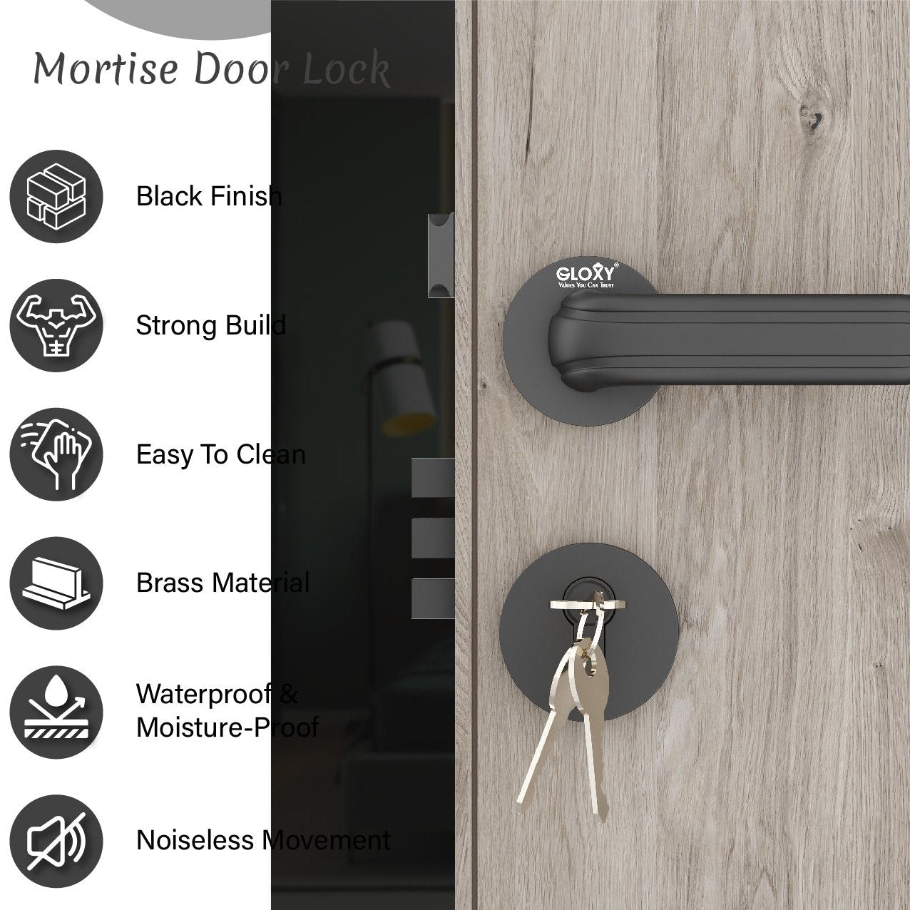 Mortise Door Handles Main Door Lock Handles Set with 3 Keys for Safety of Home | Bedroom, Office, Hotel, Home(Black)-by GLOXY®