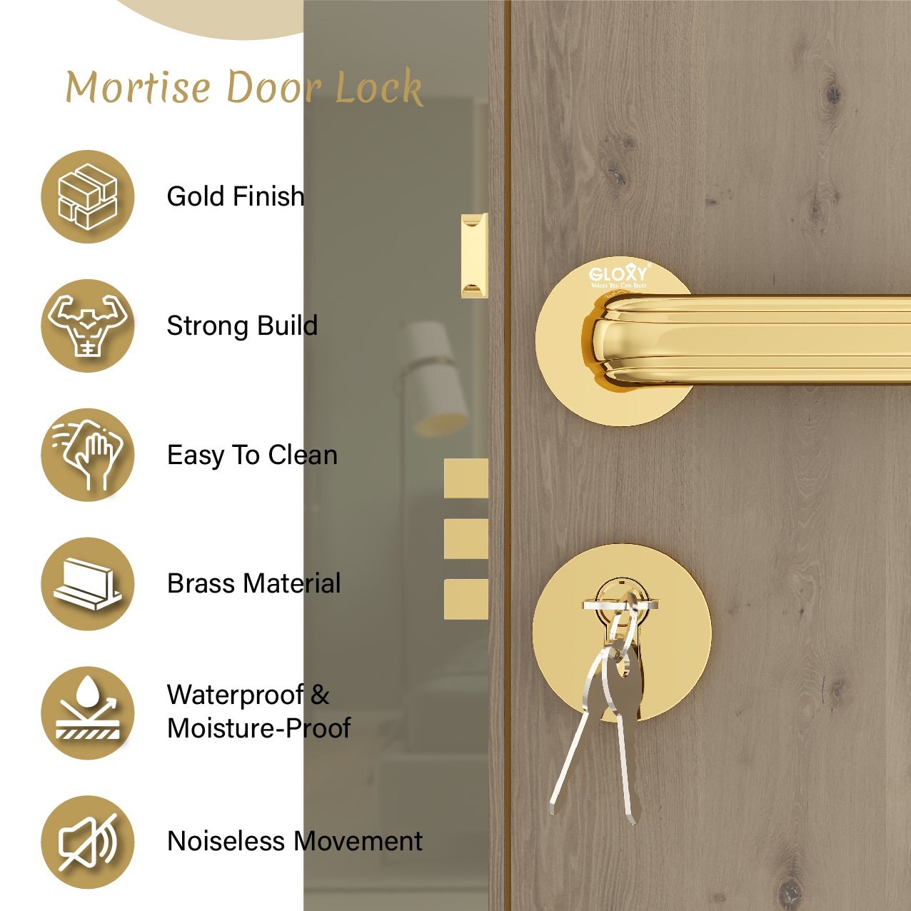 Mortise Door Handles Main Door Lock Handles Set with 3 Keys for Safety of H0ome | Bedroom, Office, Hotel, Home(Gold)-by GLOXY®